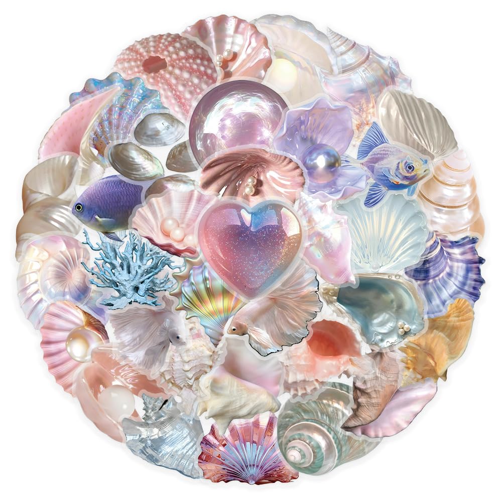 Colorful Shell Stickers for Teens Boy Girls Kids|50 Pcs|Clear PET Waterproof Stickers for Laptop Computer Phone Tablet Scrapbook Flasks Water Bottle