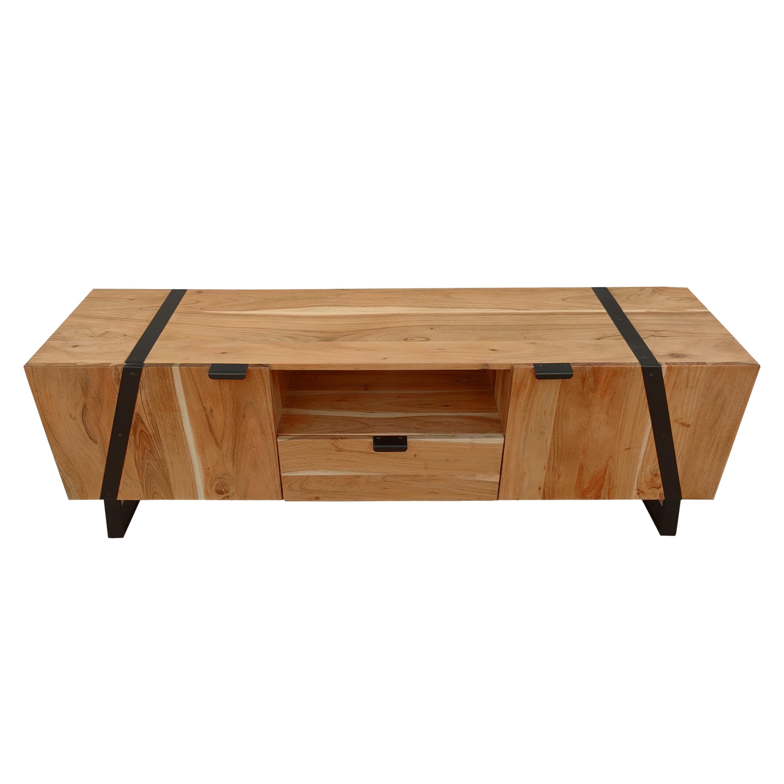 The Urban Port Aza 59 Inch Handcrafted TV Console with Drawer Natural Brown Acacia Wood Cabinet