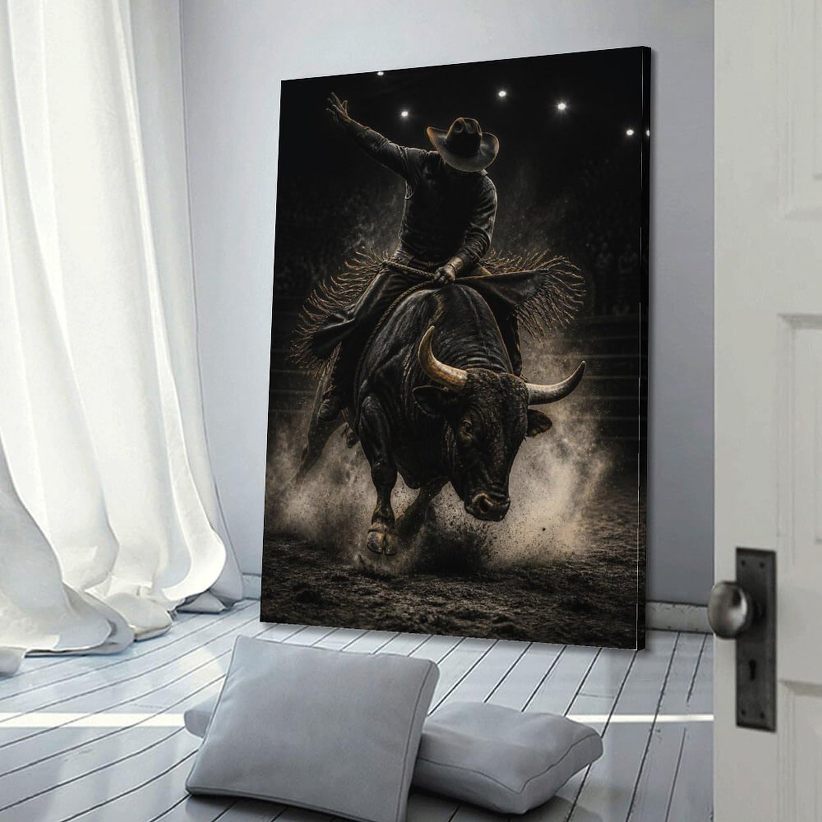 OKAHYS Poster Night Arena Rodeo Bull Rider sur toile - Décoration murale moderne pour famille, cave, salle de jeux, chambre de garçons et de filles - 40 x 60 cm