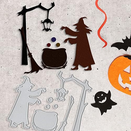 Miniatura 5 de Escoba de bruja troquelada de metal para hacer tarjetas y decoraciones de Halloween, troqueladas de araña, plantillas y plantilla de relieve para