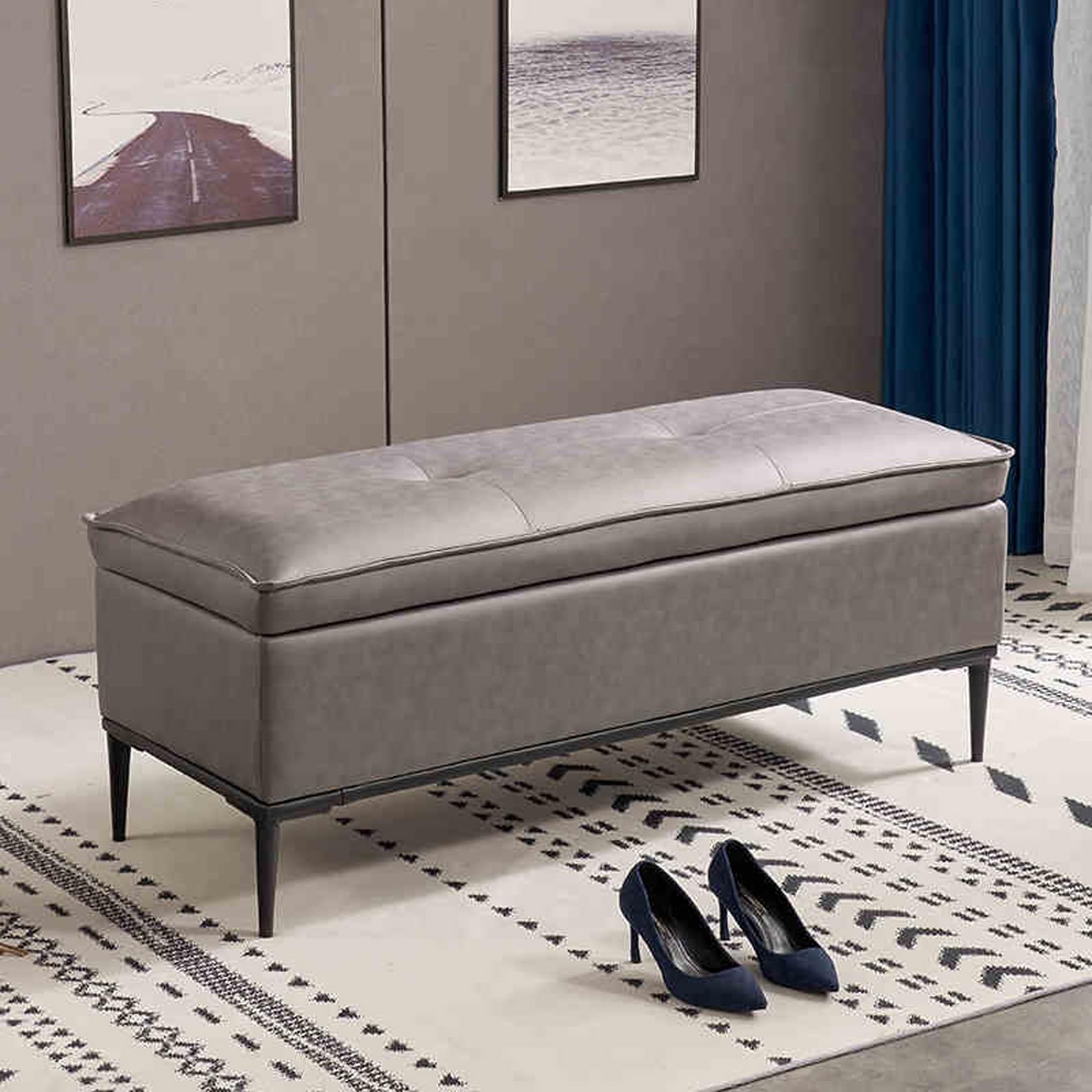 Banc ottoman de rangement en cuir gris moyen pour bout de lit et salon