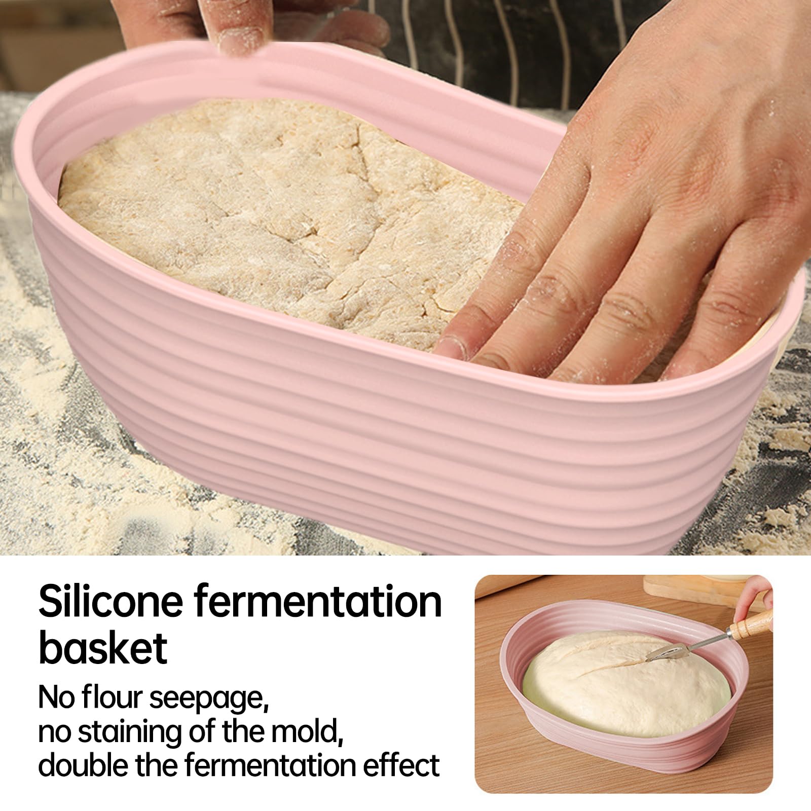 mumisuto Panier à Banneton pour Pain, 6 Pièces Ensemble de Paniers de Fermentatio en Silicone (23cm Ronde et 26cm Ovale), avec Lame à Pain, Idéal Set de Paniere a Pain pour Les Pains et Levains
