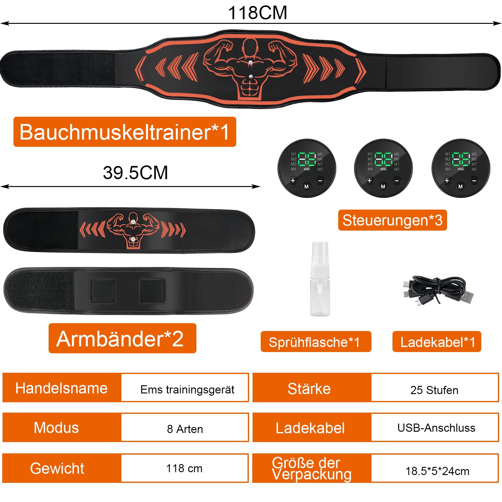 Tosucs EMS Trainingsgerät,Bauchmuskel Gürtel Elektrisch，EMS Elektrische Muskelstimulation 8 Modi & 25 Intensitäten,USB-aufladbar mit DREI Controllern für Bauch/Arm/Bein-Übungen für Männer und Frauen