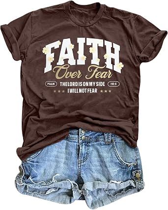 Faith Over Fear Shirt Christian Shirts for Women Inspirational Bible Verse T-Shirt Religious Faithful Short Sleeve Tee