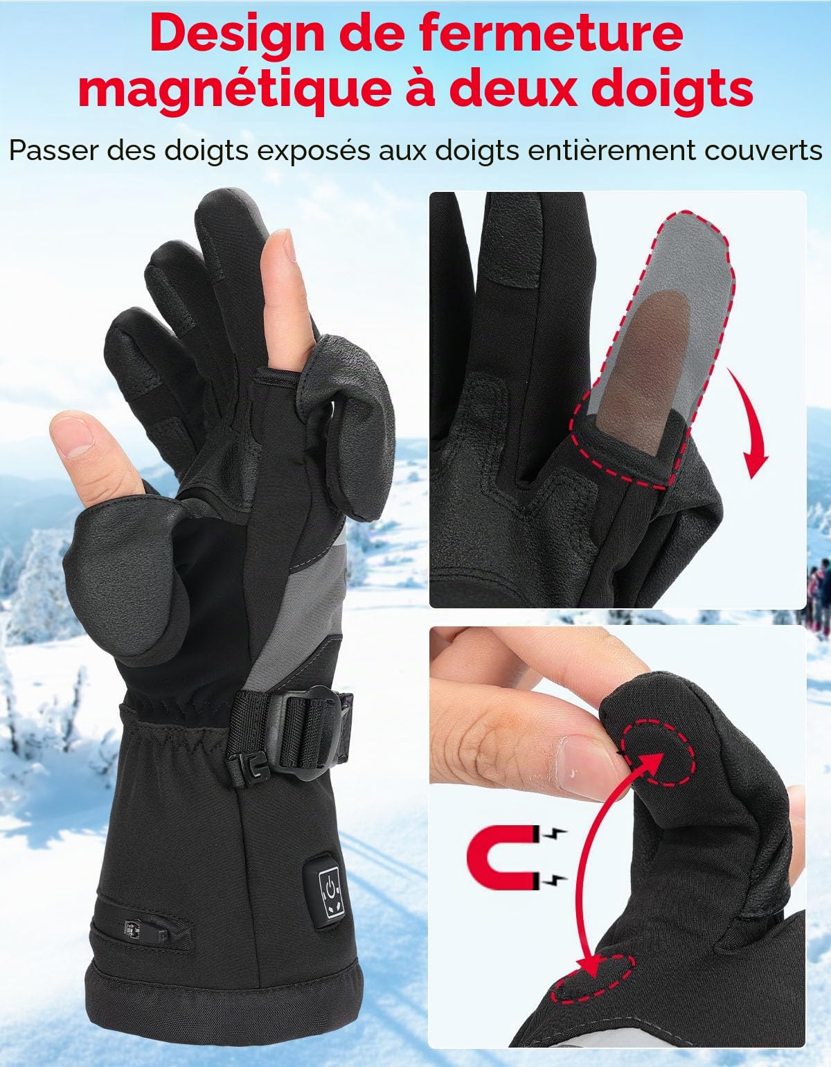 KEMIMOTO Gants Chauffants, Gants Thermiques Batterie 7,4 V, 2500 mAh, pour la Neige, la Pêche sur Glace et Les Activités de Plein Air Hivernales