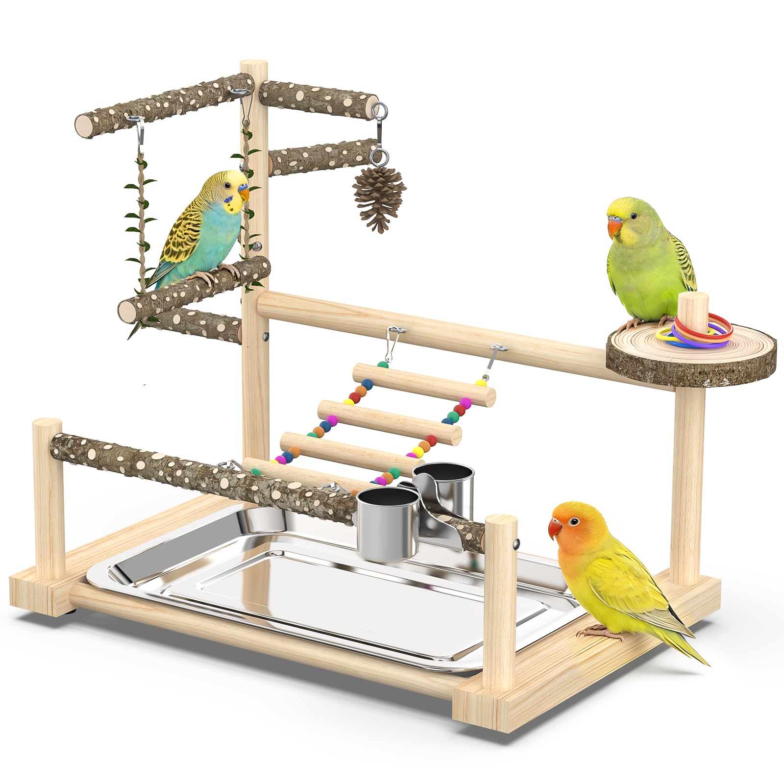 Chuiendi Bird Playground Bird Play Stand, Natural Wood Parrot Playground Parakeet Ladder Swing with Removable Tray and Feeder Cups for Cockatiel Parakeet Lovebirds Conure