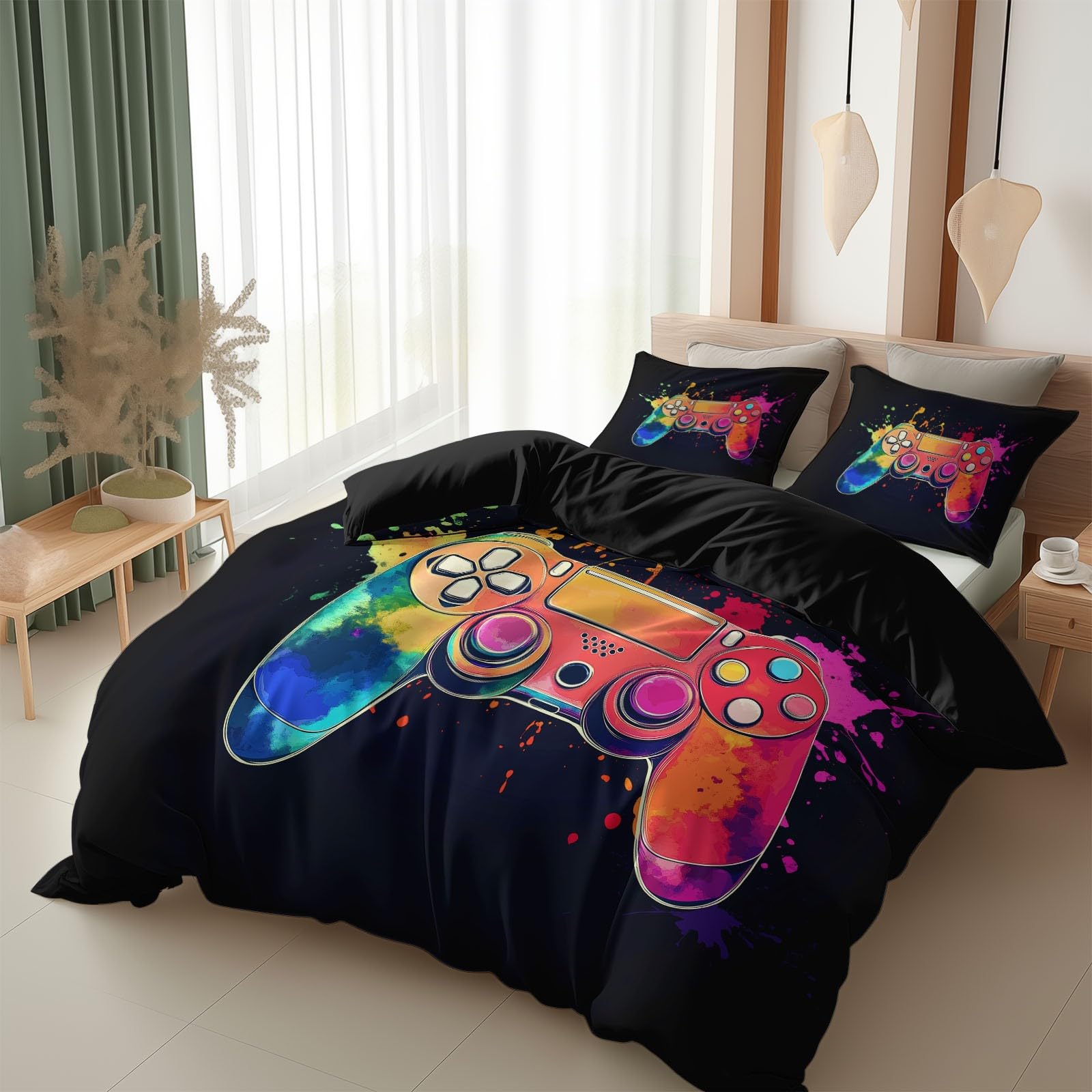 Générique 3-częściowy zestaw pościeli w stylu akwareli gamepad, czarna poszwa na kołdrę dla 2 osób 240 x 260 cm wystrój pokoju dziecięcego - miękka hipoalergiczna poszwa na kołdrę z mikrofibry
