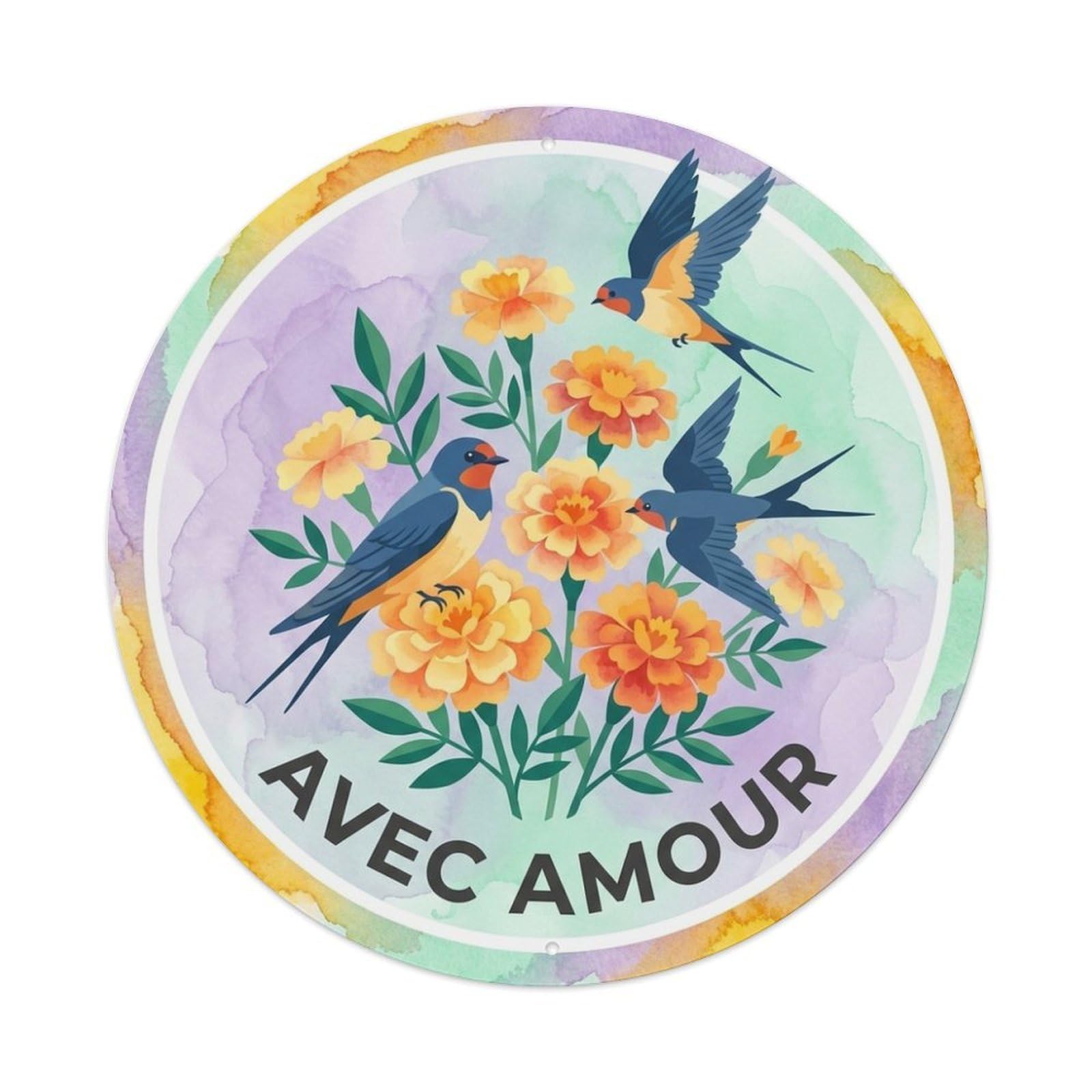 Watercolor Bird Slogan Avec Amour Marigold Metal Tin Sign