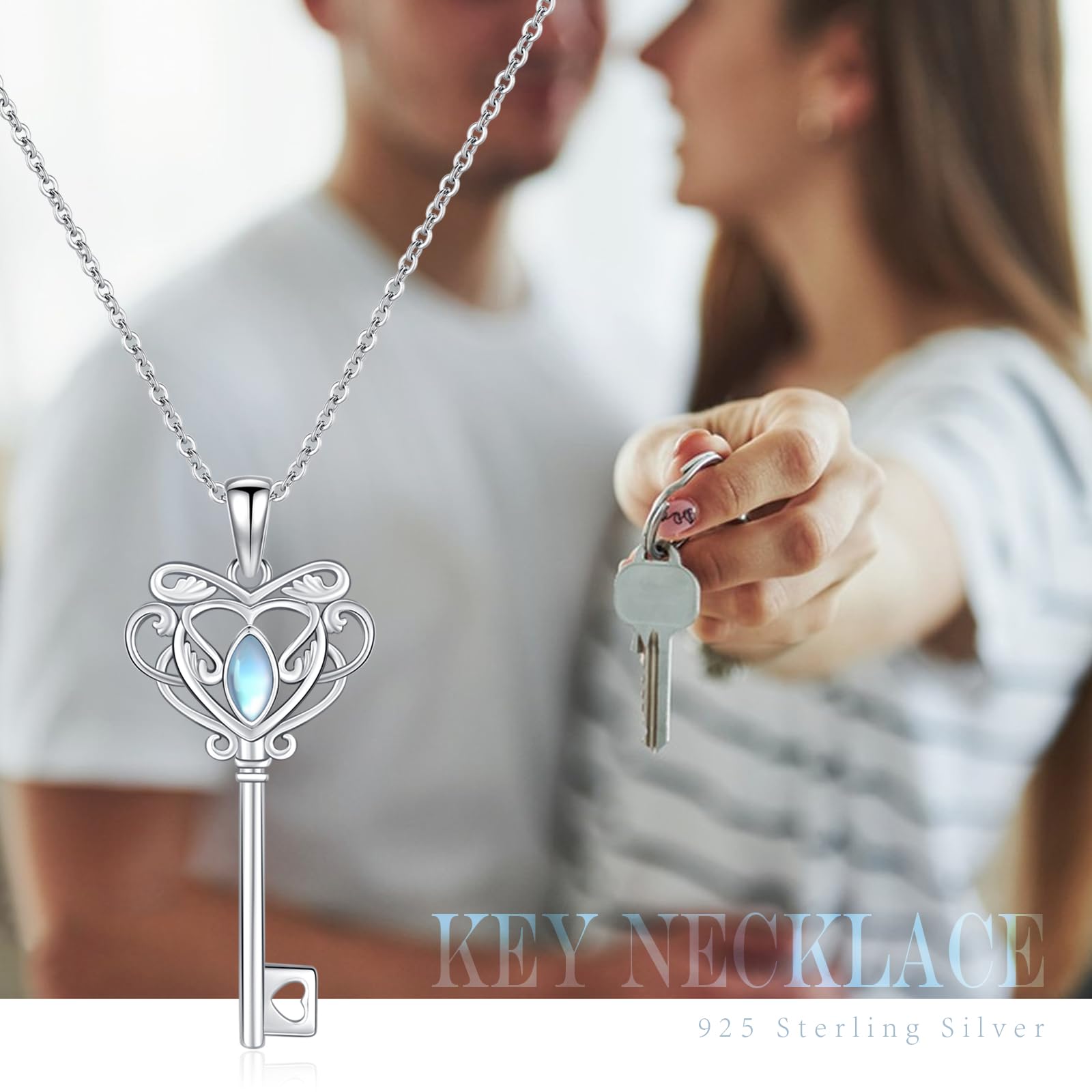 Collar con llave de plata 925, colgante de la suerte de piedra lunar para mujer