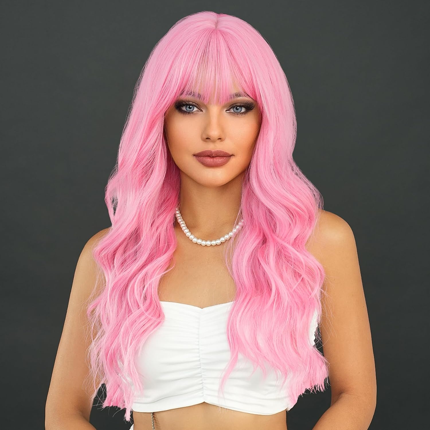7JHH WIGS Long Wavy Pink Wig 24in Natural Heat Resistant Fiber Synthetic Curly Light Pink Wigs with Bangs for Women Girls Daily Party Holiday Festival Chrismas Travel Used