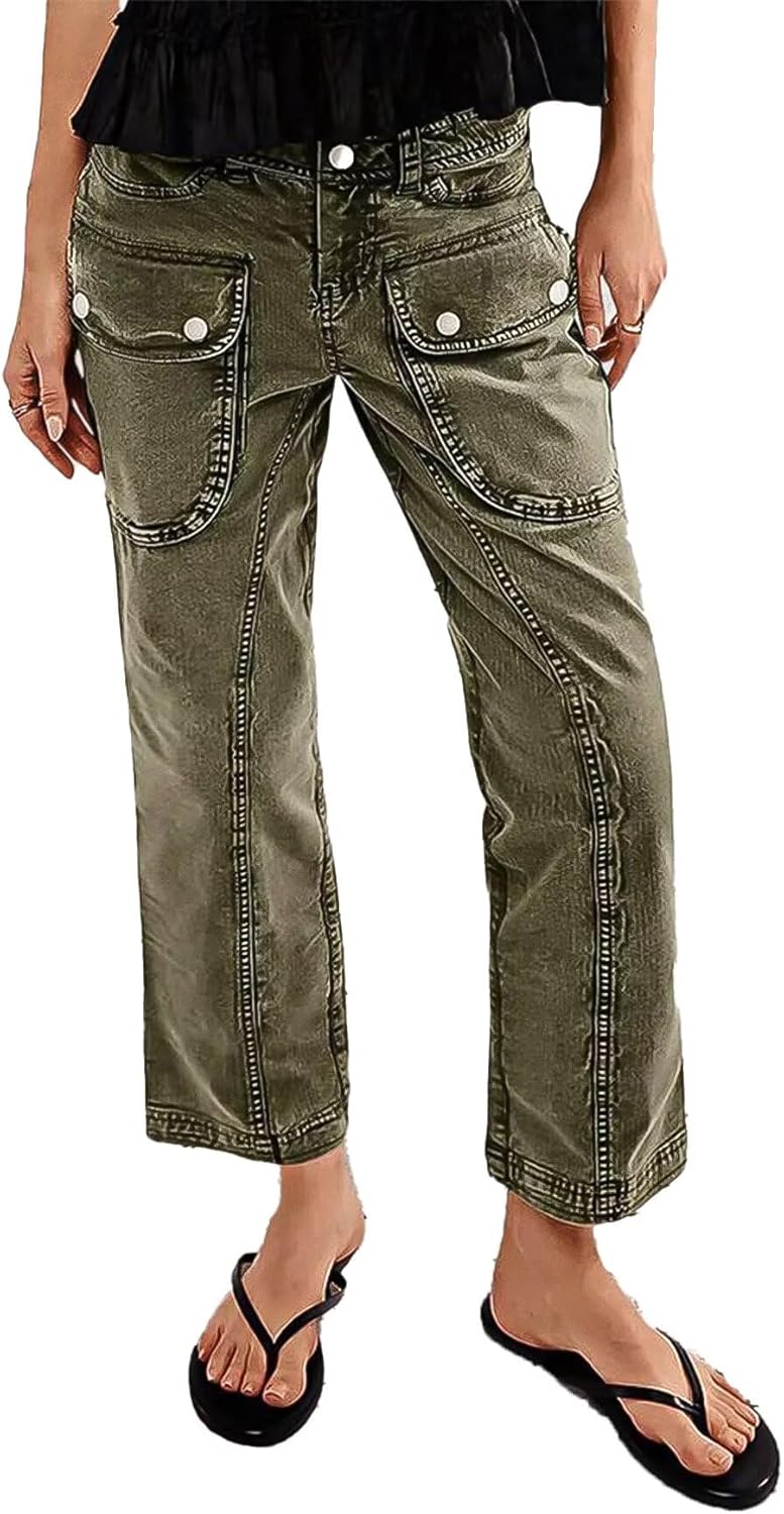 Flamingals Straight Leg Pants for Women Mid Rise Casual Cargo Slim Flap Pockets Solid Cropped Pants