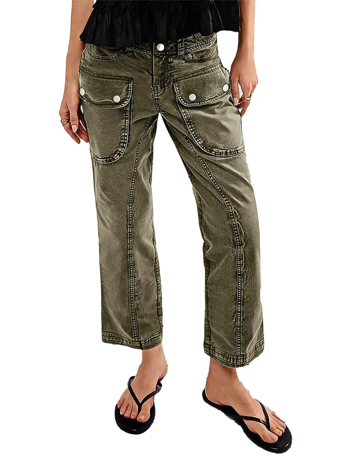 Flamingals Straight Leg Pants for Women Mid Rise Casual Cargo Slim Flap Pockets Solid Cropped Pants