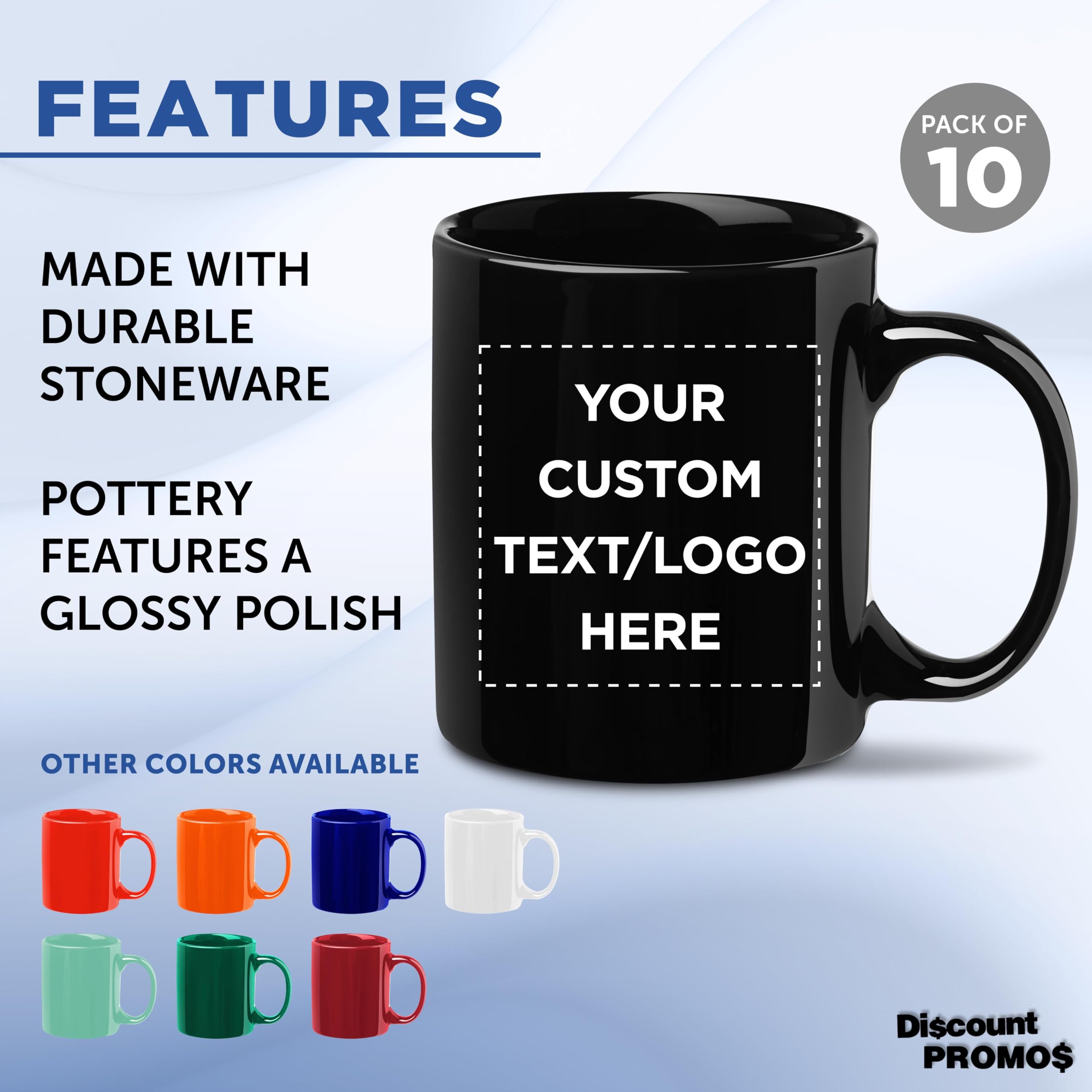 DISCOUNT PROMOS Custom Ceramic Mugs – 11 oz. Set of 10, Personalized Bulk Pack, Perfect for Hot or Iced Drinks, Gaming – Black