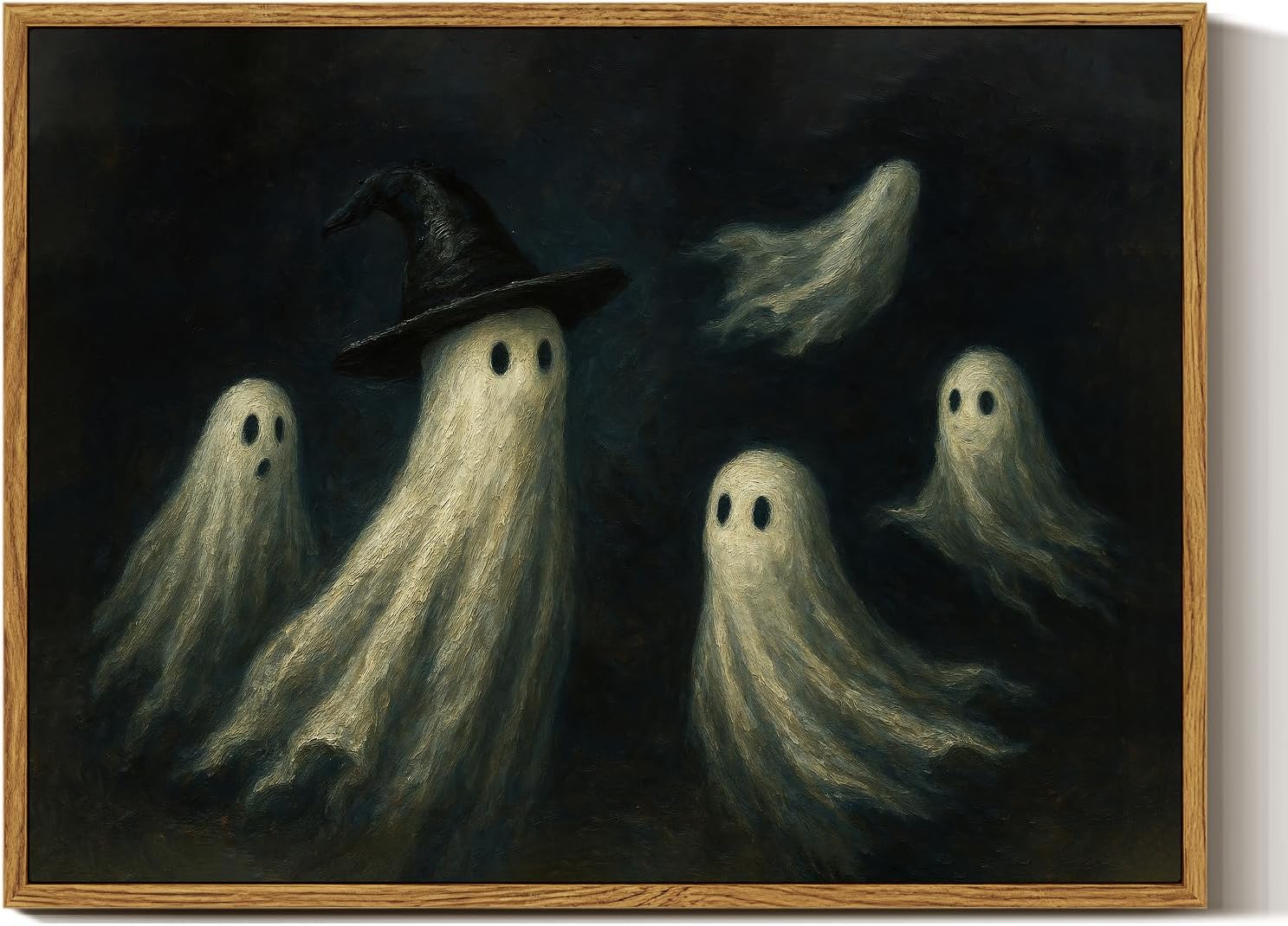 InSimSea Halloween Dark Ghosts Framed Vintage Wall Art, Ghosts in Pointed Hats, Gothic Aesthetic Decor, Living Room Bedroom Horror Art Print 12x16in
