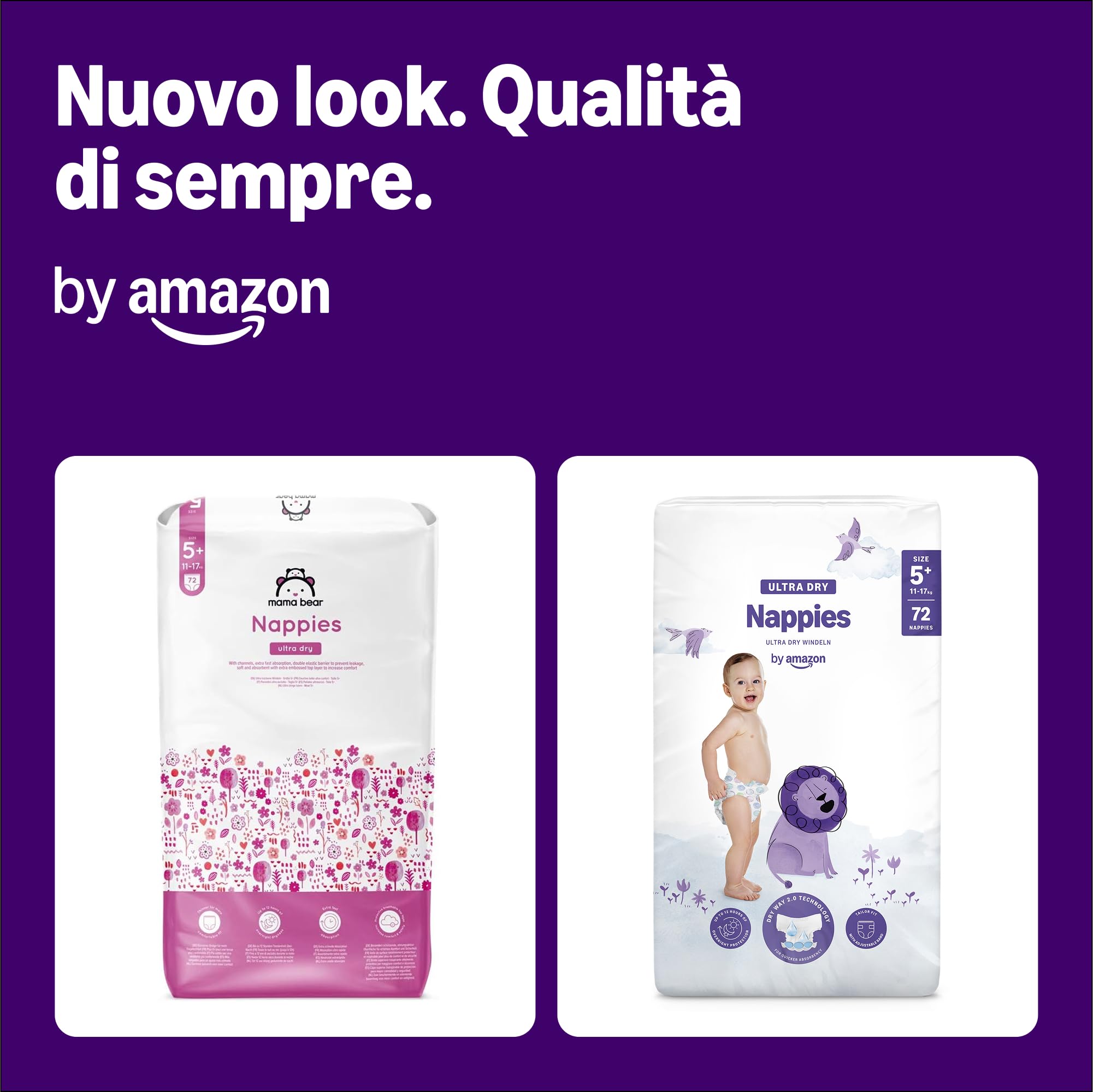by Amazon - 72 Ultra Dry Nappies - Taglia 5+ (11-17kg) (Stesso Prodotto Commercializzato in Precedenza con il Marchio Mama Bear)