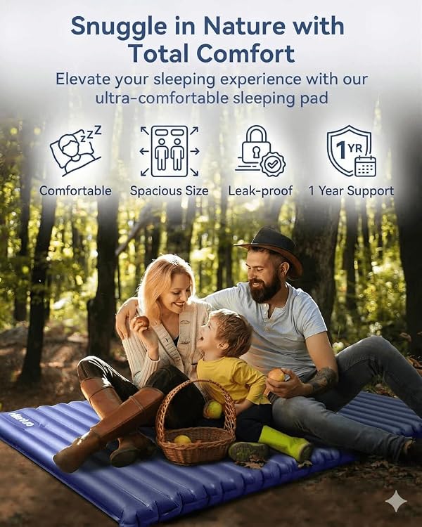 Hikenture Double Sleeping Pad for Camping, Ultralight 4" Extra-Thick Camping Mattress 2 Person, Inflatable Backpacking Sleeping Mat, Hiking Air Mattress for Tent (Navy Footpump 79x55in) by Hikenture - Image 2