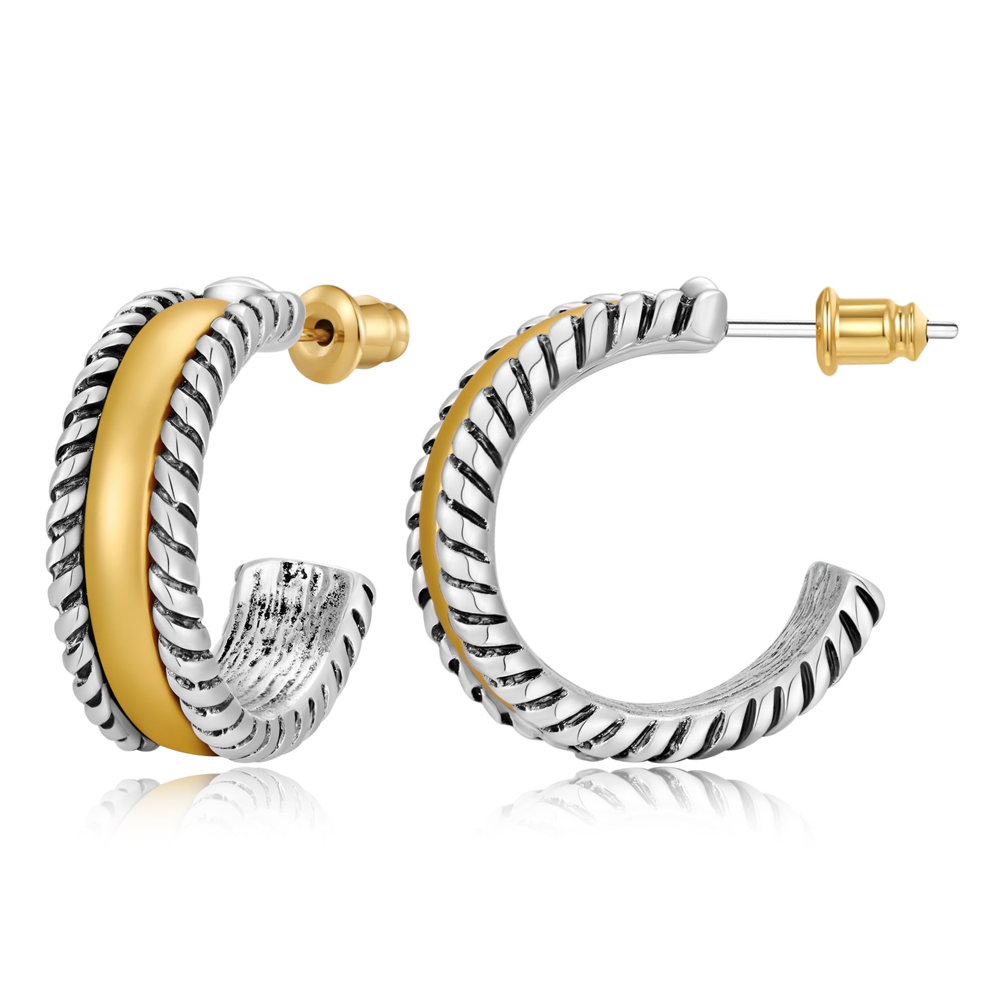 INNERDIVA Antique Gold Hammered Disc Drop Earrings Boho Earrings with Two Tone Jewelry Gift