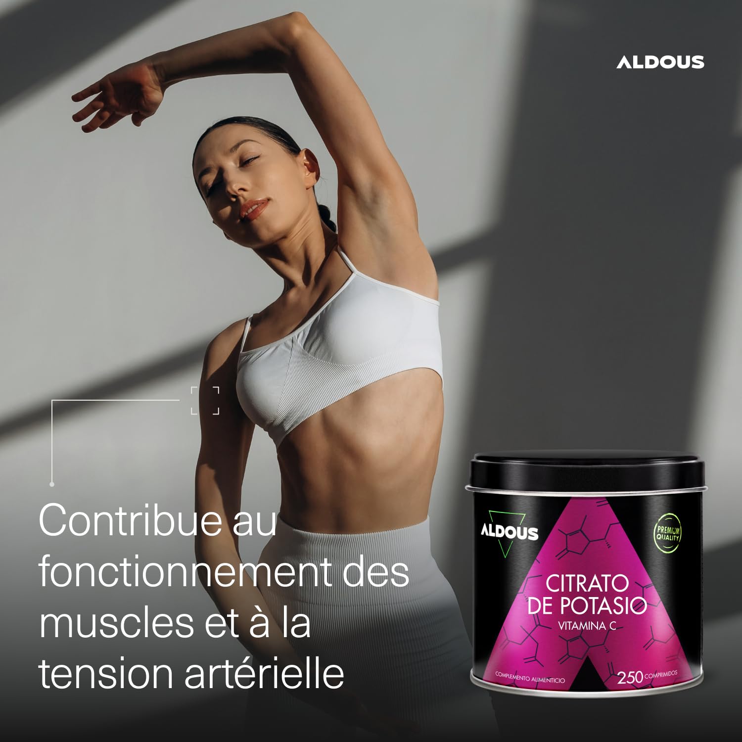 Citrate de potassium 3705 mg - 250 comprimés non enrobés - Potassium pur 1000 mg + Vitamine C 80 mg - Supplément sportif - Muscle, pression sanguine, système nerveux - Sans plastique - ALDOUS