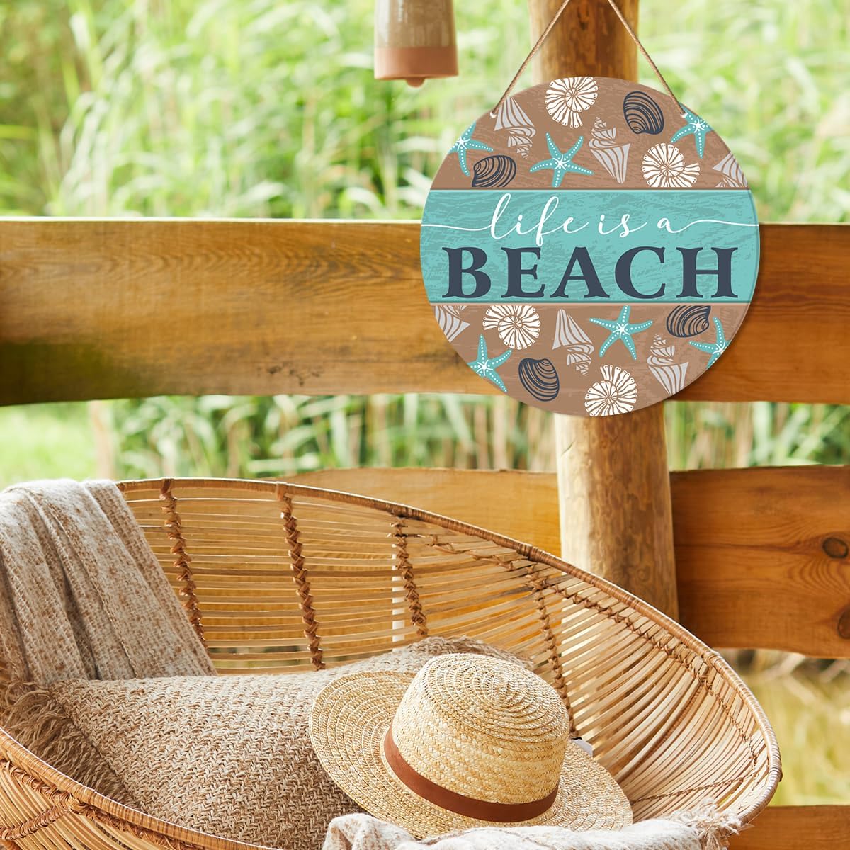Beach House Sign Wall Decor, Summer Beach Hanging Sign Decor Farmhouse Seashell Wall Decorations Sign for Home, Front Door, Entryway, Bathroom, Housewarming Gift for Beach House Home, Life Is a Beach