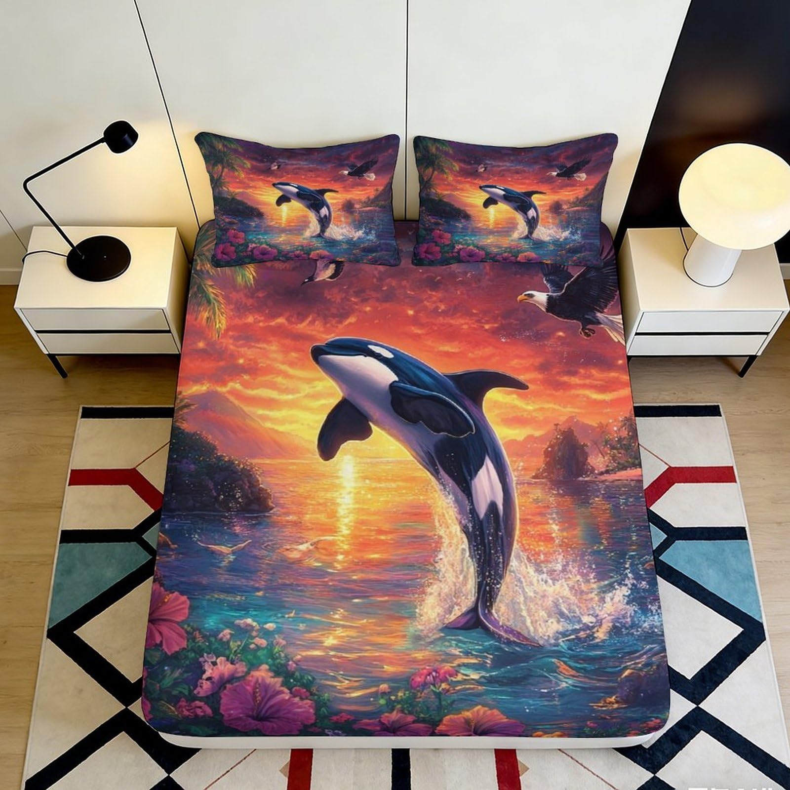 3D Printed Sunset Ocean Fitted Sheet Microfiber Artistic Orca Mattress Cover for Bedroom Guest Room Decor Protection 90x200x25cm