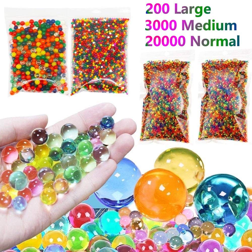 Non Toxic Large Water Beads for Kids, 200pcs Jumbo, 3000 Medium and 20000 Small Beads for Sensory Toys, Plant, Vase, Wedding, Home Décor