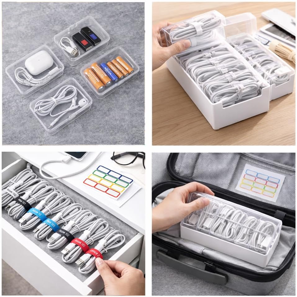 KUGUA 2 Pack Cable Organizer Box Set with 7 and 11 Clear Cases for Charging Cables, Chargers, Earphones and Small Accessories, Includes Cable Ties and Labels for Home, Desk and Drawer