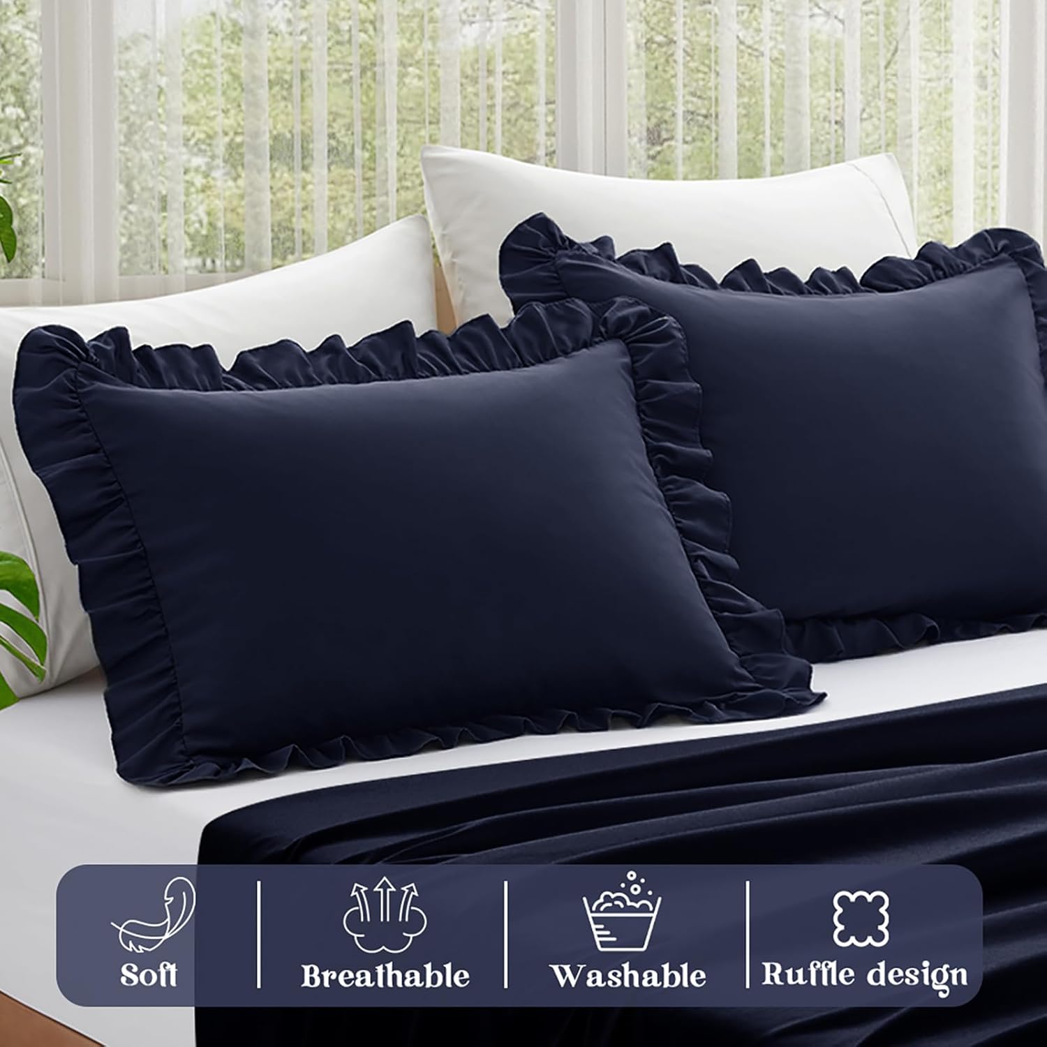 KKJIAF Ruffle Pillow Cases Queen Size Set of 2, Ruffled Pillow Covers with Envelope Closure, Wrinkle Resistant Ruffled Pillow Shams 20 x 30, Navy Blue