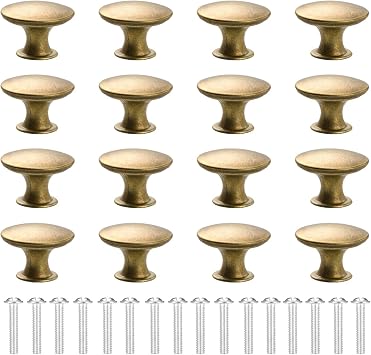 16pcs Cabinet Door Handles with Screws, Cupboard Door Knobs Cabinet Knobs, Small Round Drawer Knobs with 16 Matching Screws, Door Knobs for Home, Kitchen, Wardrobe, Cabinet, Drawer Antique Brass