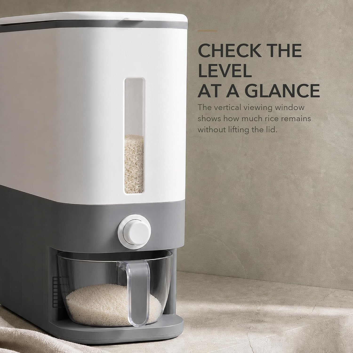 Proarea Rice Dispenser Rice Container 25 Lbs with Measuring Cup | Airtight Grain Storage Container with One-touch Dispensing, Clear Scale Window, and Kitchen Pantry Use