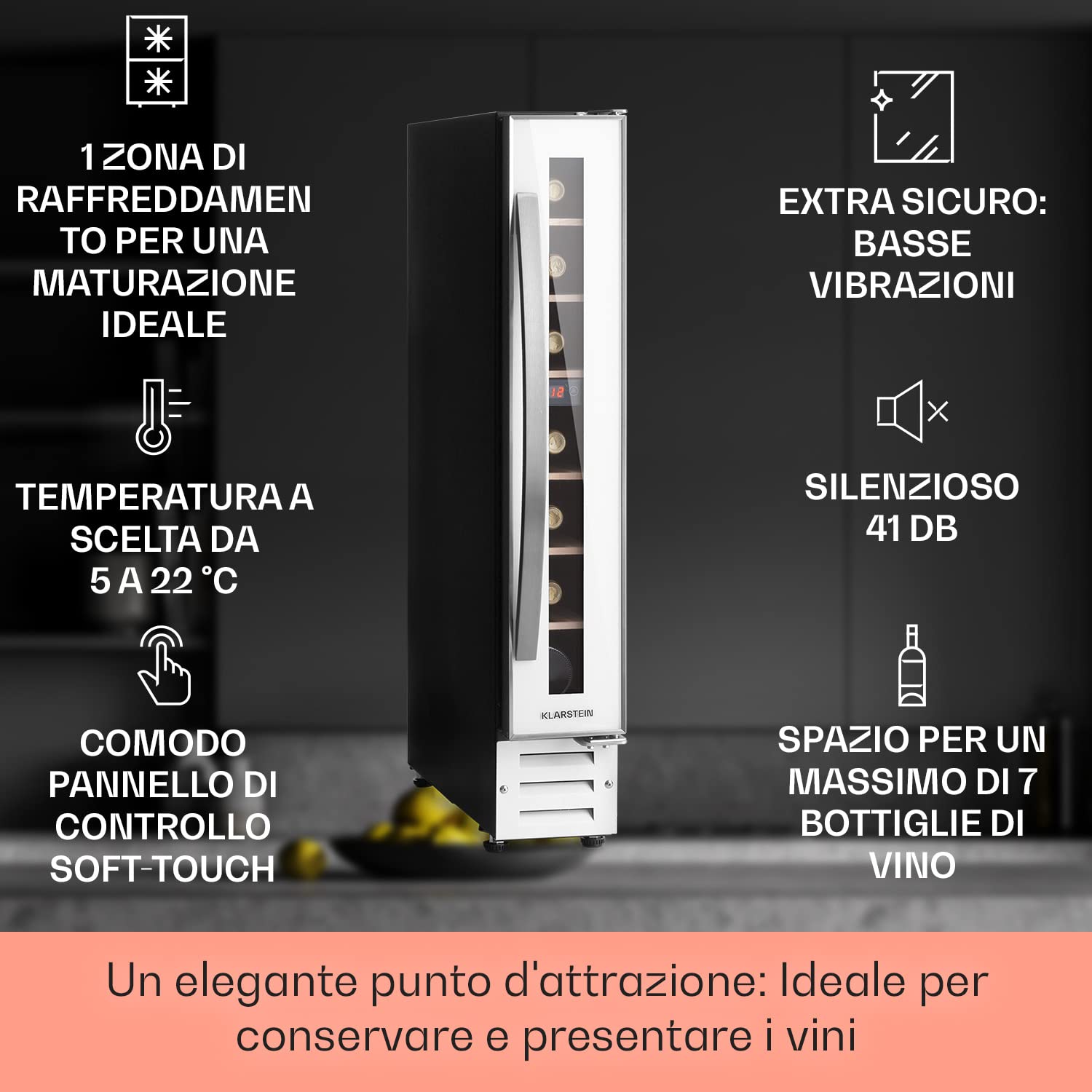 Rack Vinicolo Refrigerato KLARSTEIN 20L 7 Bottiglie Touch Control - Dettaglio