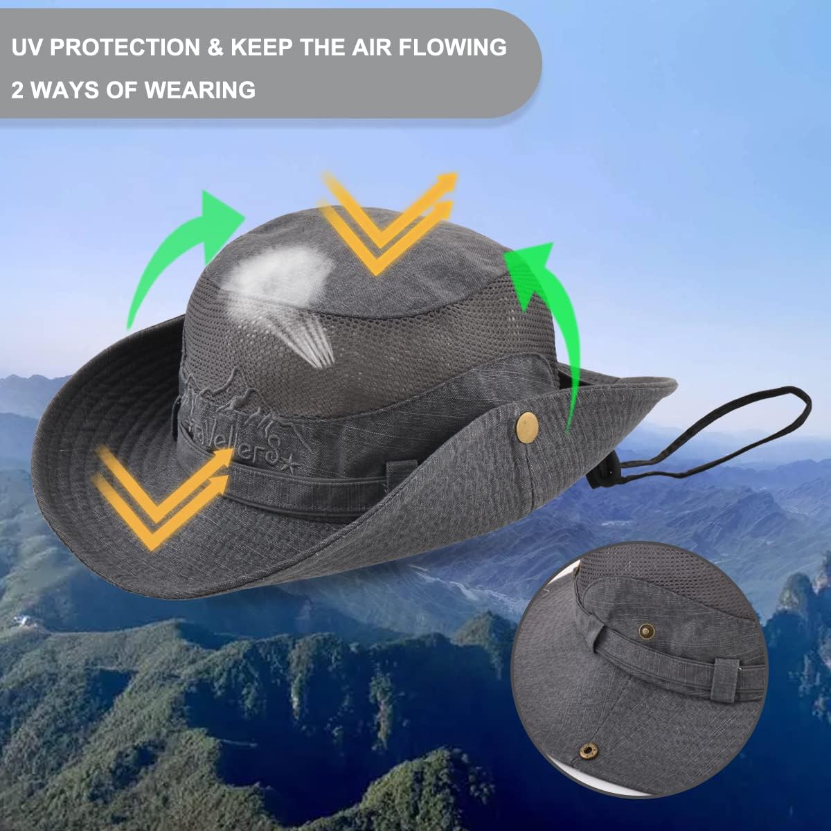Sun Hat for Men, Cotton Embroidery Summer Outdoor Sun Protection Wide Brim Bucket Hat Foldable Safari Boonie Hat - Image 3