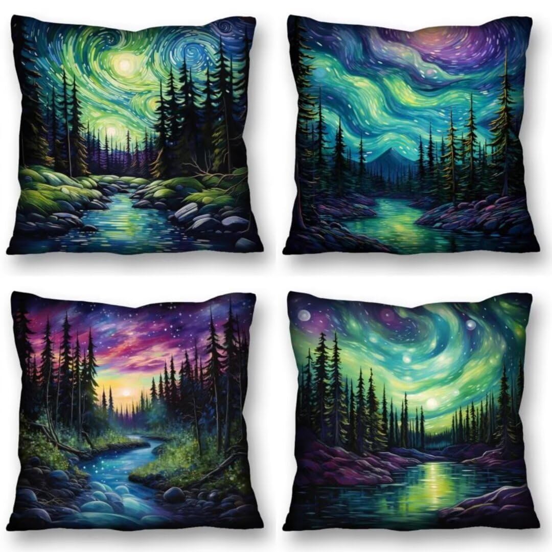 Juego de 4 Fundas de Cojines 70x70 cm Cojines cielo estrellado arroyo Funda Cojin Cuadrados de Lino Fundas Cojines Sofá Cojines Decorativos para Salón Sofá Dormitorio Coche Jardín Decoración del Hogar