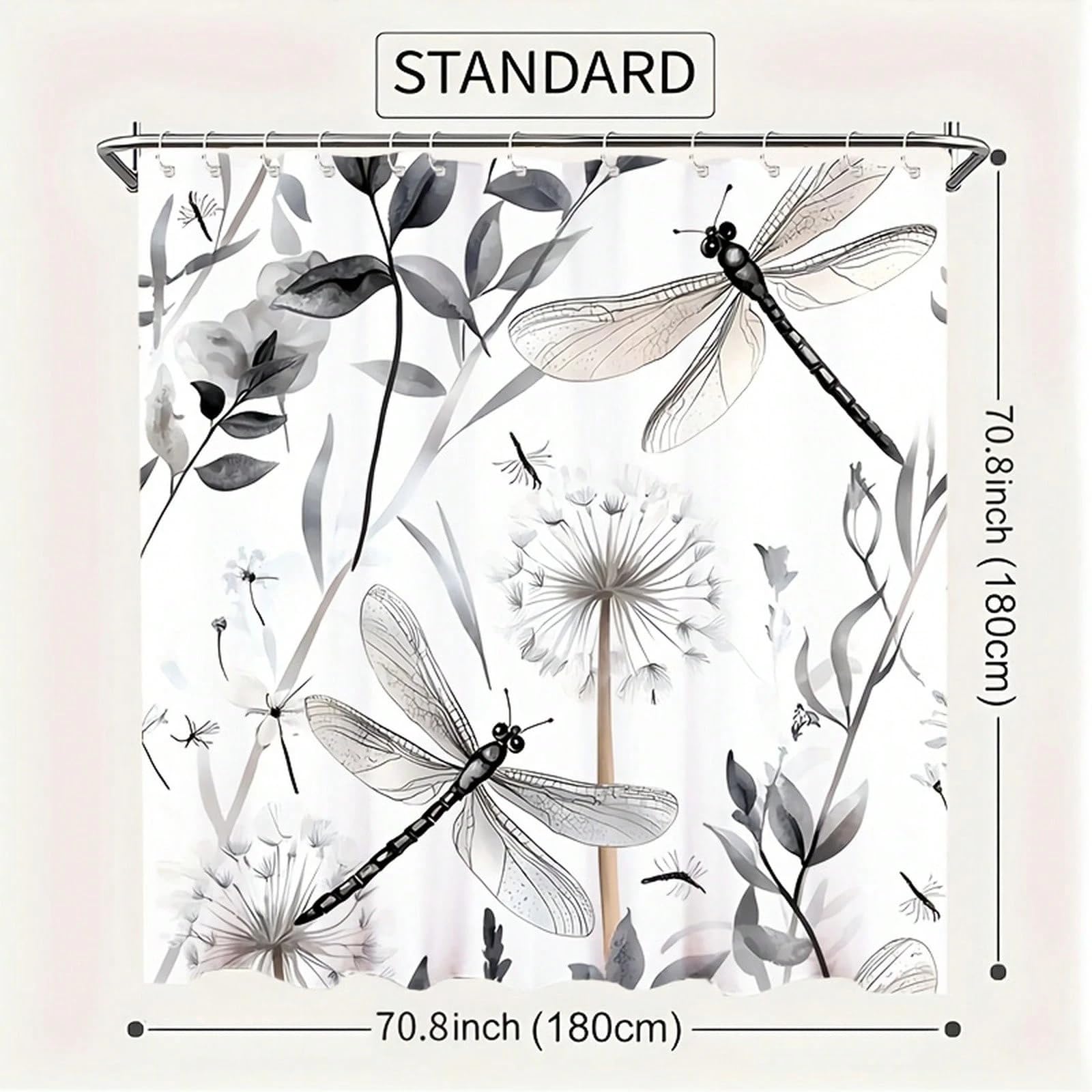Moderner Duschvorhang mit Aquarell-Libellen- und Löwenzahnmotiv – Grau/Schwarz/Weiß für Badezimmerdekoration (300 x 200 cm / 118 x 79 Zoll (B x H))