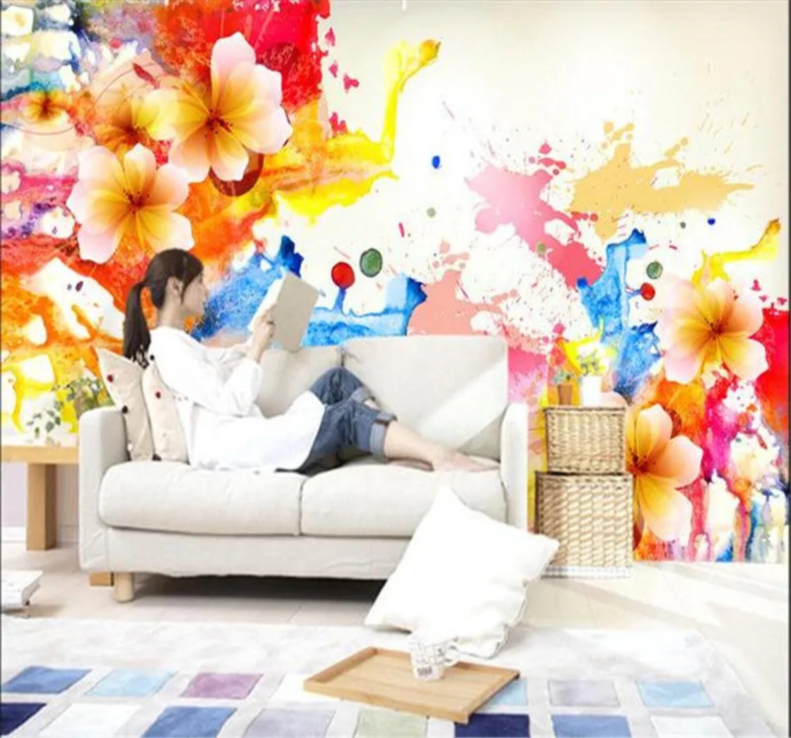 Xlming 400Cm×280Cm(B×H) Abstract Colourful Graffiti Flowers Art 3D Wallpaper Luxury Home Dining Decor Paste Sofa Living Room The Wall For Bedroom Mural-400Cm×280Cm