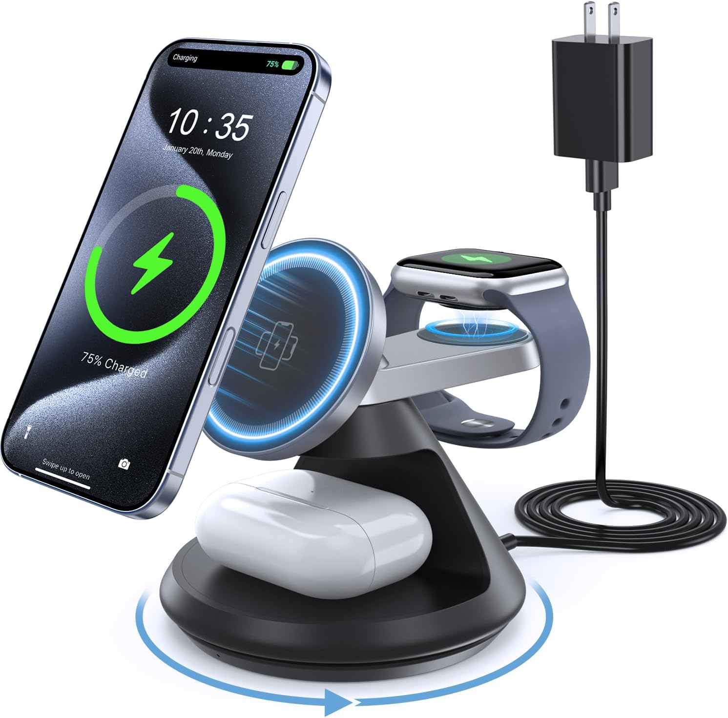 3 in 1 Charging Station for Apple MagSafe Charger Compat, 15W Magnetic Wireless Charger Stand, 360° Rotating Dock, Wireless Charging Station for iPhone 17 16 15 14 13 12 Series for iWatch for AirPods Black