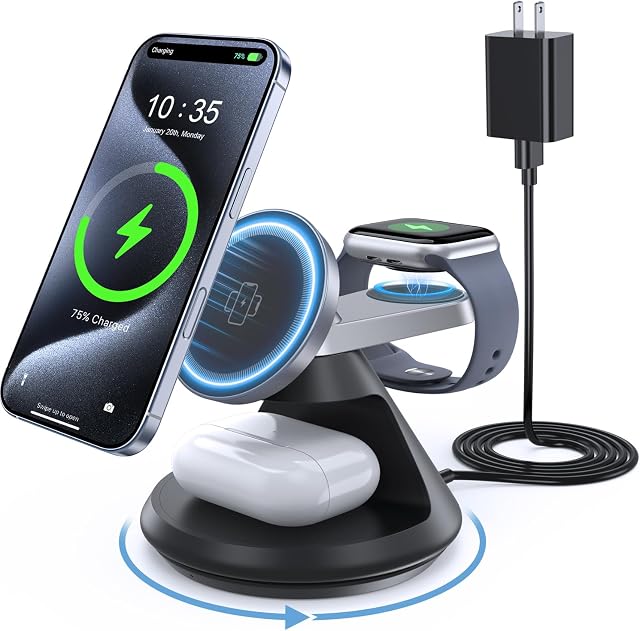 3 in 1 Wireless Charger for Apple MagSafe Compatible, 15W Magnetic Wireless Charger Stand, 360° Rotating Dock, Wireless Charging Station for iPhone 17 16 15 14 13 12 Series for iWatch for AirPods