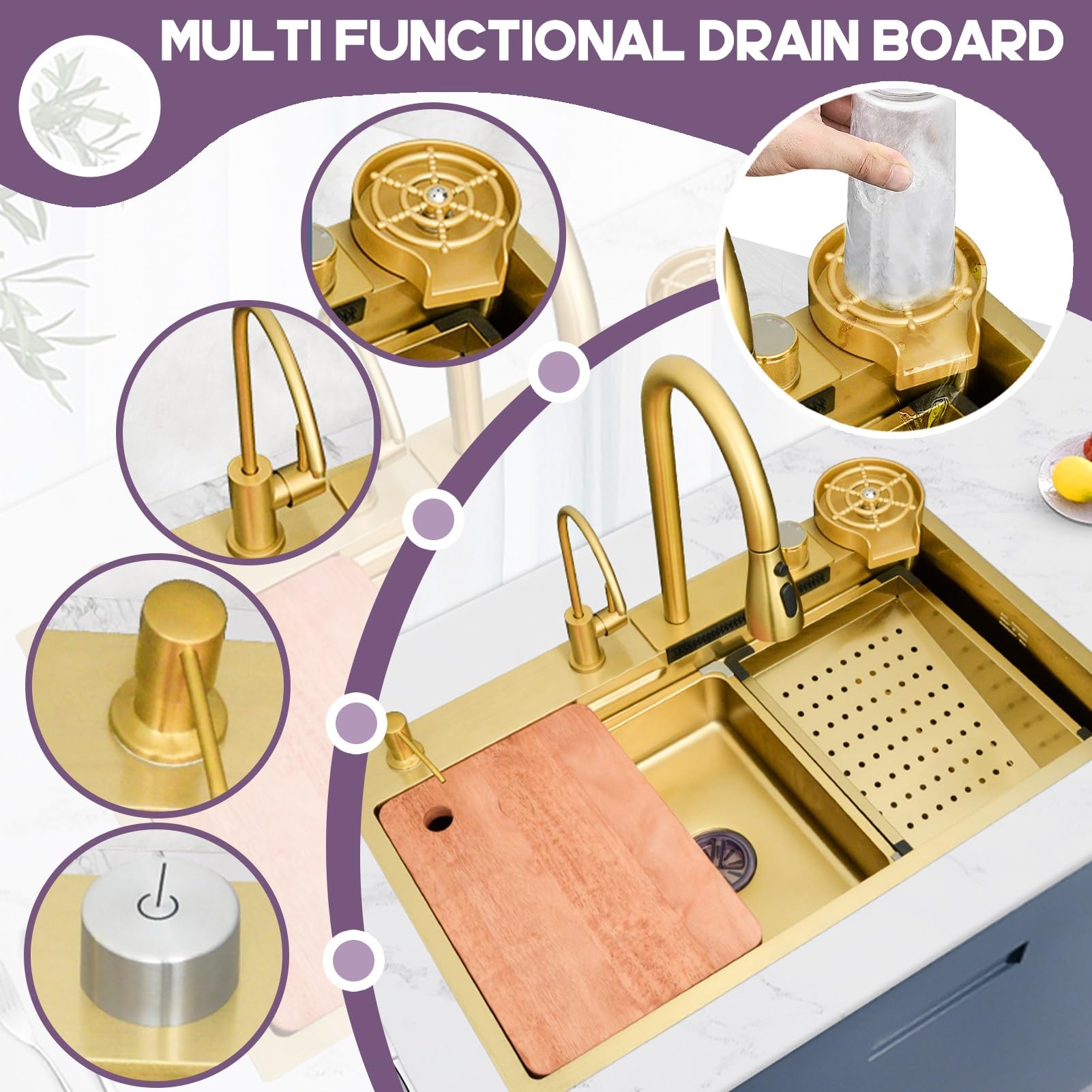 Fregadero De Cocina Dorado, Fregadero De Acero Inoxidable Grueso Con Revestimiento Nano, Fregadero De Un Solo Tazón De Gran Capacidad, Fregadero De Estación De Trabajo De Montaje Superior, Con Grifo D