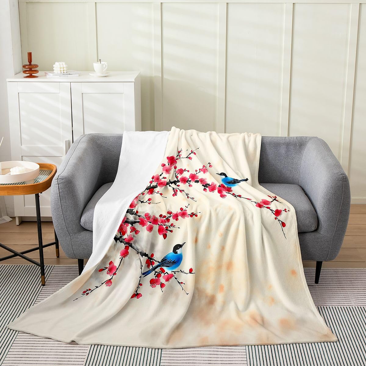 Chinese Landscape Print Throw Blanket,Ink Painting Style Bird Flannel Blanket for Room Decor,Plum Blossom Flower Soft Bedding Set,All Seasons Super Soft,Queen 90"x90"