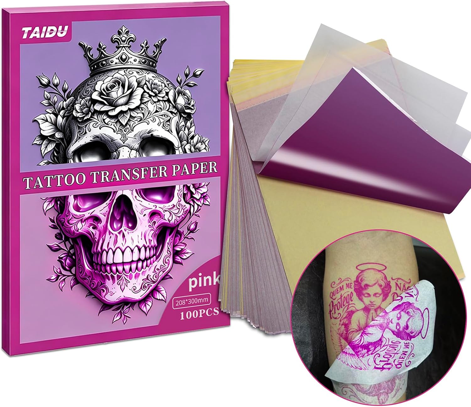 2026 New Tattoo Transfer Paper - 100 Sheets of A4 Size, Heat-Sensitive Tattoo Transfer Paper, Suitable for Tattoo Transfer Kits (100 Pink Ones)
