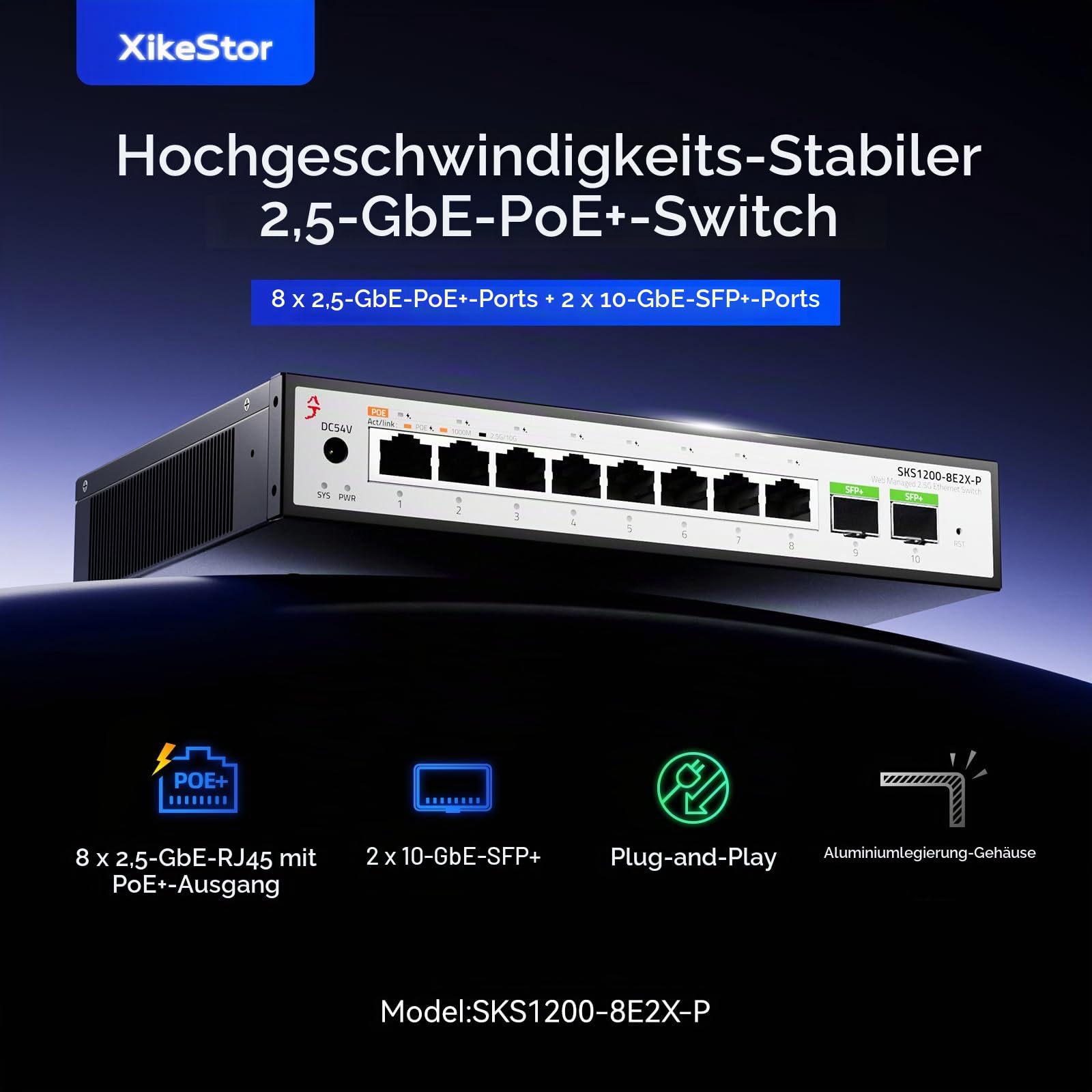8-Port 2.5G PoE+ Unmanaged Ethernet Switch | 8X 2.5G RJ45 PoE+ 2X 10G SFP+ | PoE switch Plug-and-play Lüfterloses Metall, leise Geringer Verbrauch für Heim, Büro & Überwachung für NAS, WiFi 6 AP