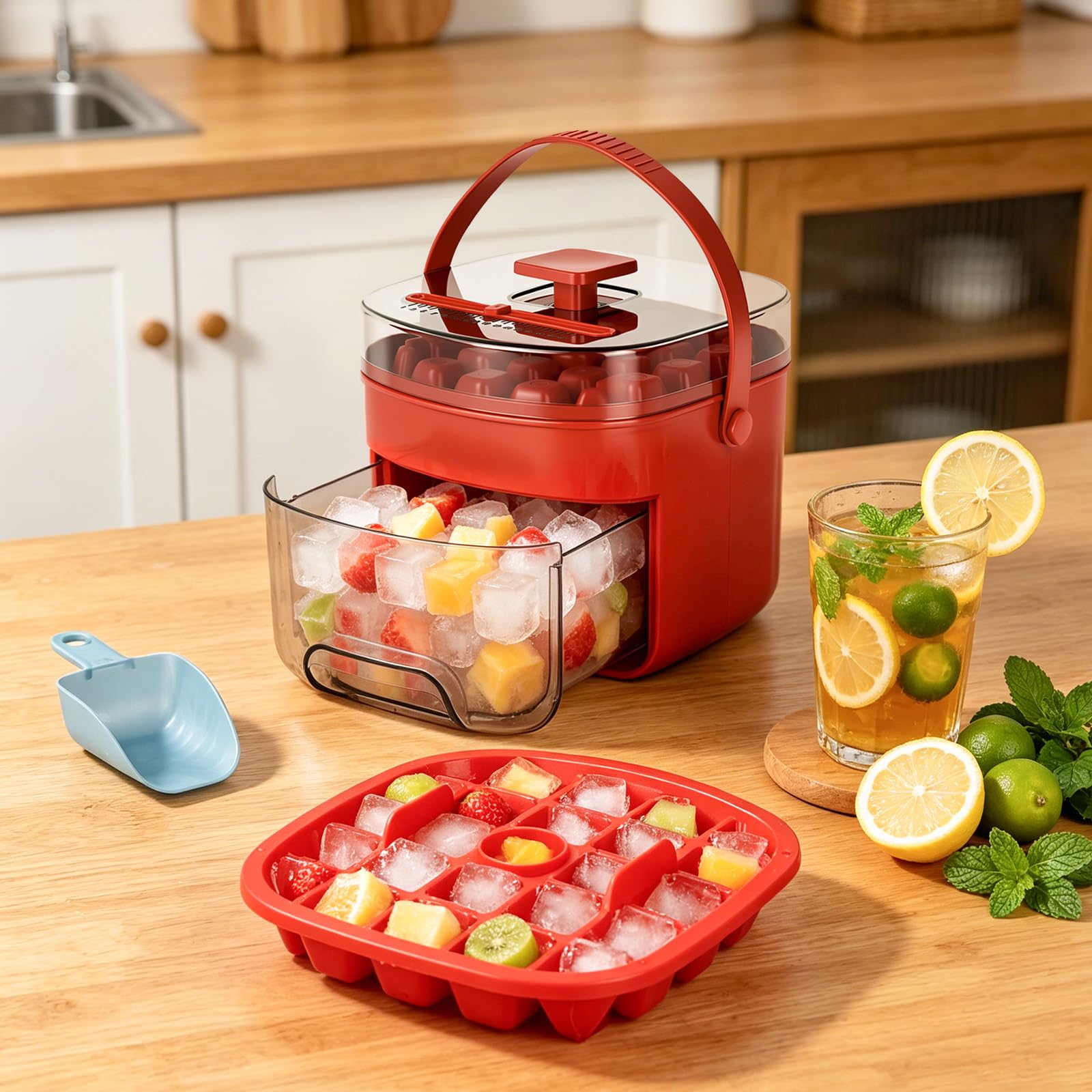 Máquina para hacer hielo, 48 cubitos de hielo, incluye cuchara de hielo y cesta, liberación rápida en 1 segundo, ideal para whisky, cócteles, café y cerveza