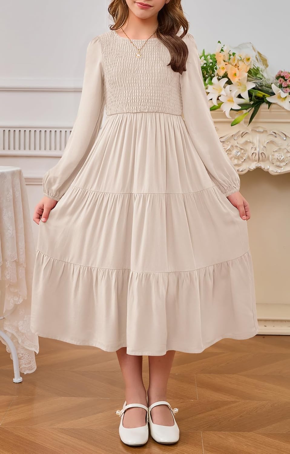 MITILLY Girls Boho Midi Dress Puff Long Sleeve Crew Neck High Waist Smocked Tiered Casual Long Dress with Pockets - Image 2