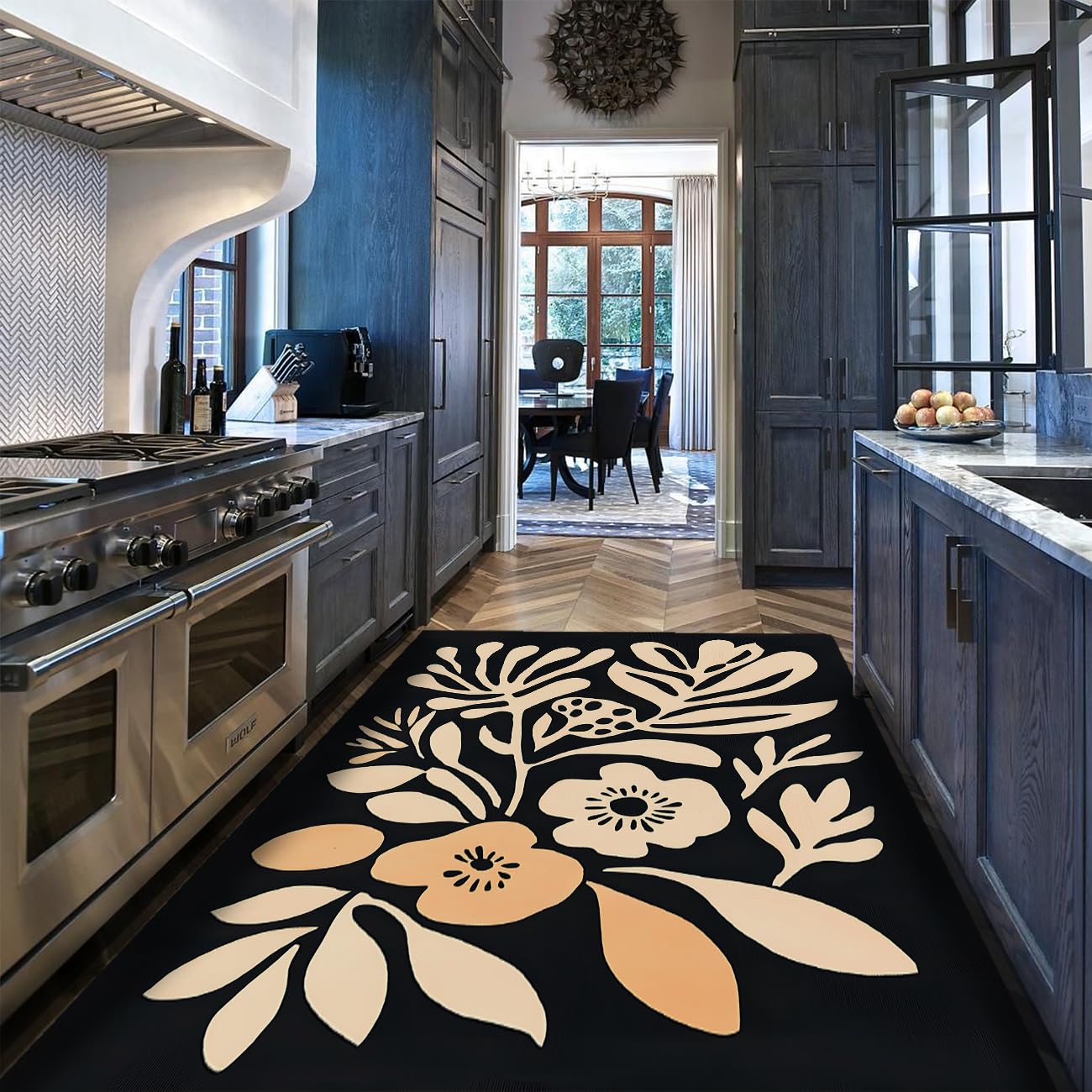 Boho Black Area Teppiche für Wohnzimmer Schlafzimmer Waschbarer großer Esszimmerteppich Rutschfester Abstrakter geometrischer Blumenteppich für Bürospielzimmer 160x230cm