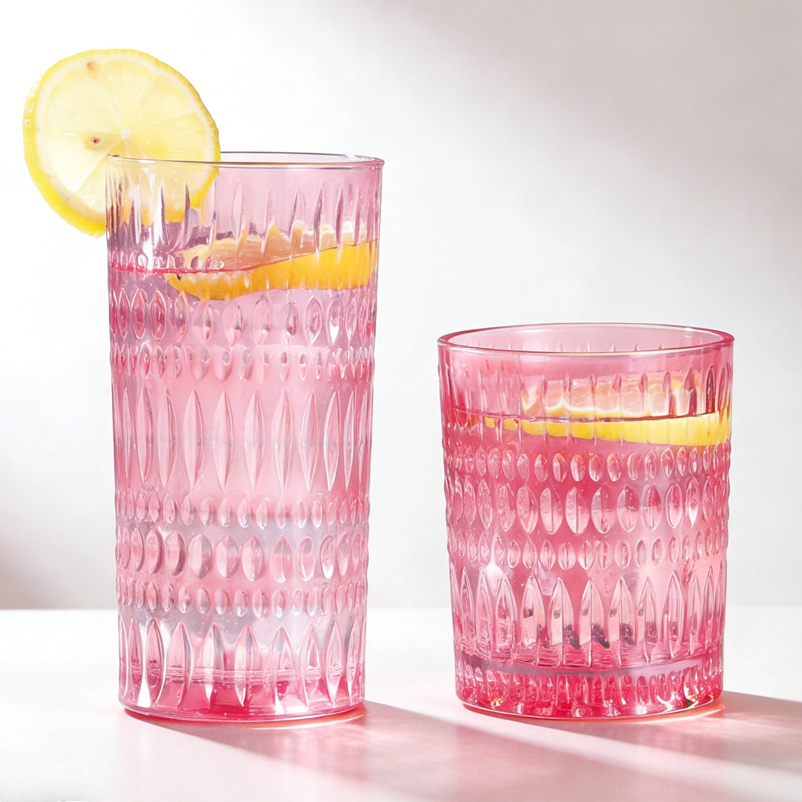 Loivttvv Glassware Trinkgläser-Set, 400 ml und gerippte Glasbecher, Vintage-Gläser für Wasser, Saft, Cocktail, Whiskey, Rosa, 8 Stück