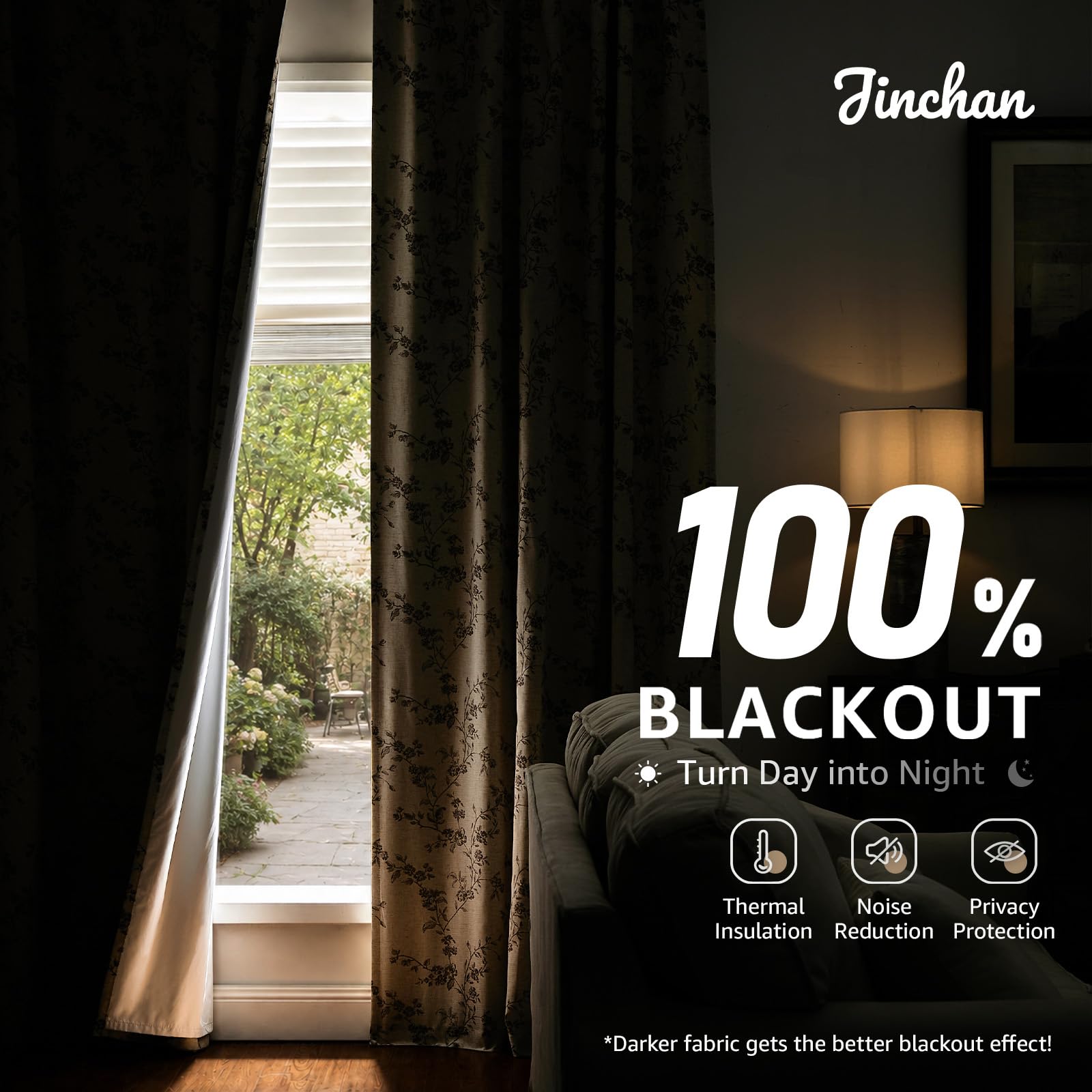 Linen Blackout Curtains - Floral Taupe Panels -3