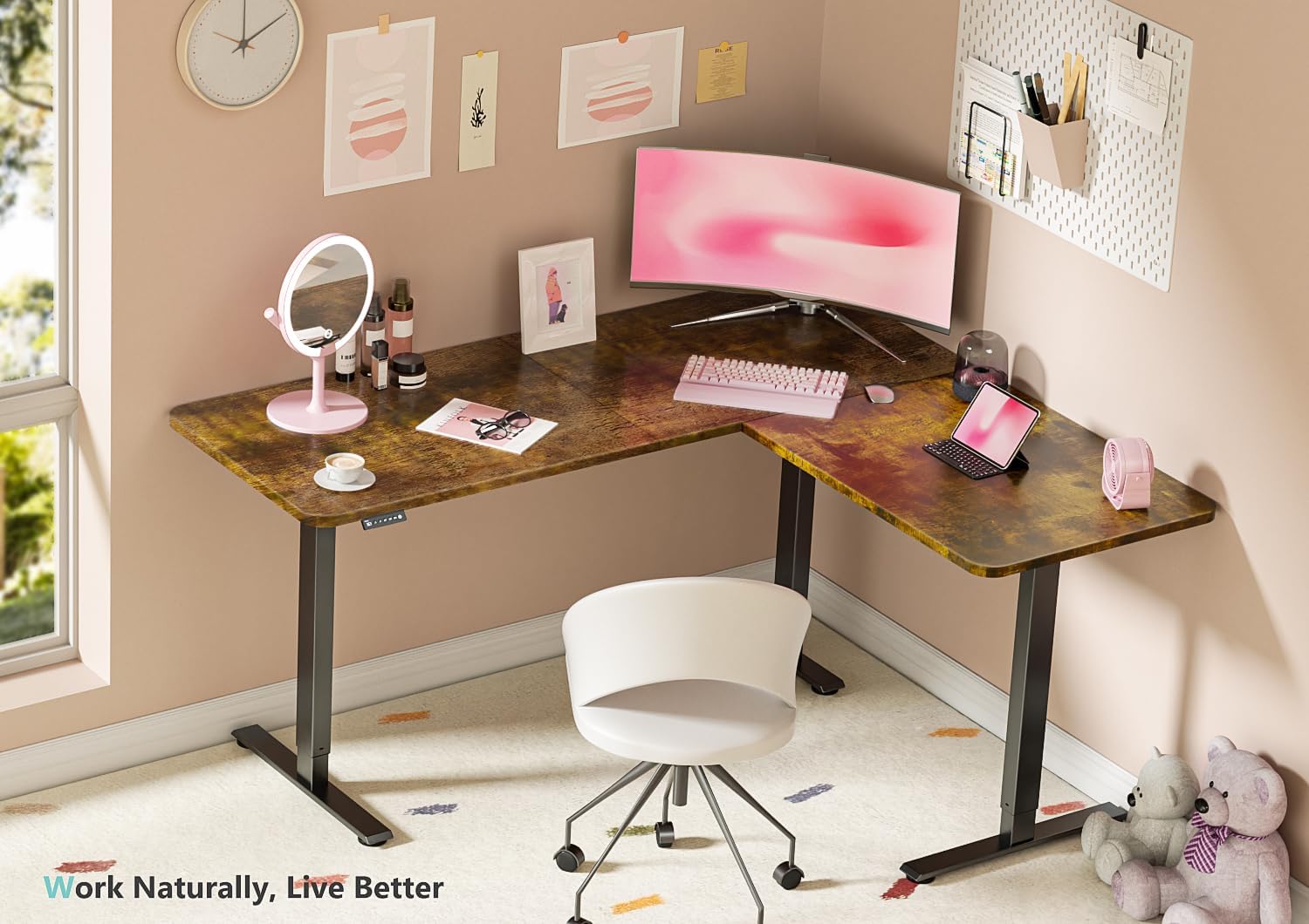 63 x 55 inch Electric Corner Desk L Shaped Standing Desk Adjustable Height with 4 Memory Preset, 2 Headphone Hook, Home Office Desk, Rustic Brown