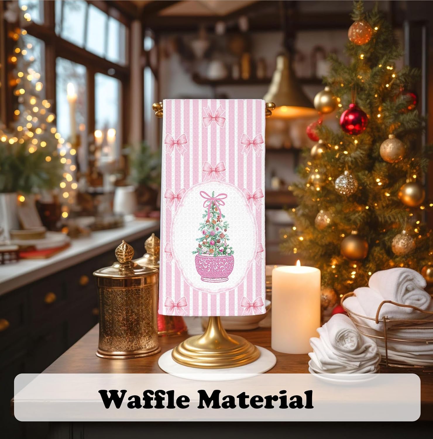 Chinoiserie Christmas Kitchen Towels,Pink Stripes Bow Coquette Christmas Tree Dish Towels,Pink Stripes Christmas Hand Towels for Bathroom Kitchen,Grandmillennial Decor,16x24 Inches - Image 3