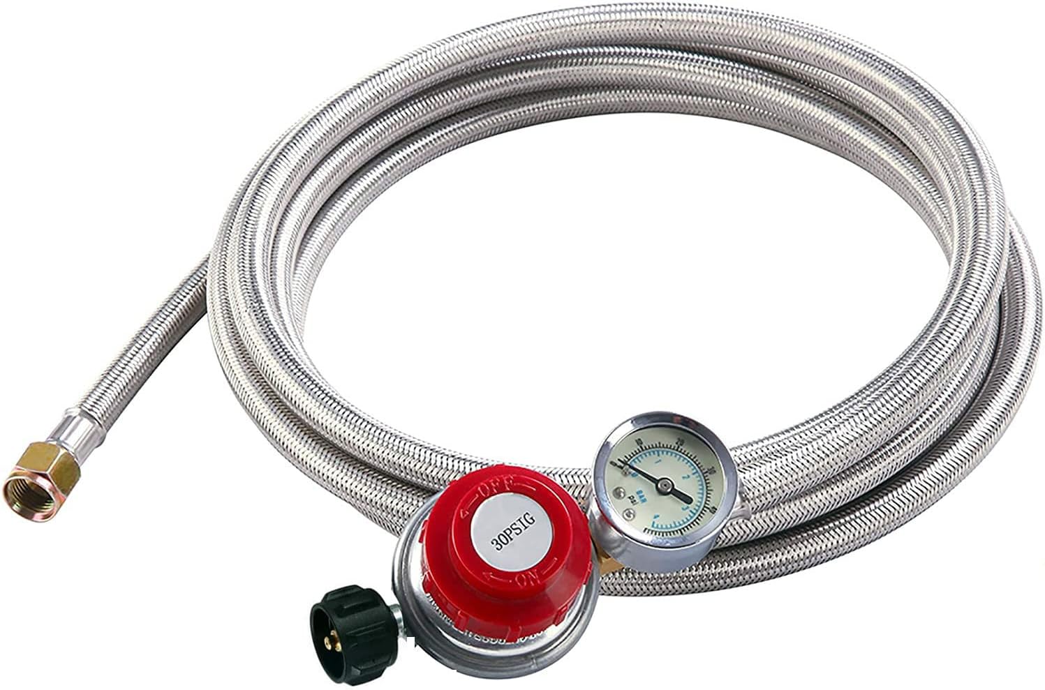 High Pressure (0-30 PSI) Adjustable Propane Regulator and 12 Feet Steel Braided Hose with PSI Gauge