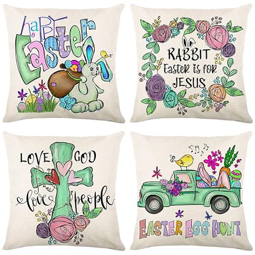 GYROHOME Juego de 4 fundas de almohada de Pascua, conejito de Pascua, decoración de lino con temática verde, funda de cojín para decoración del hogar, 18 x 18 pulgadas thumbnail
