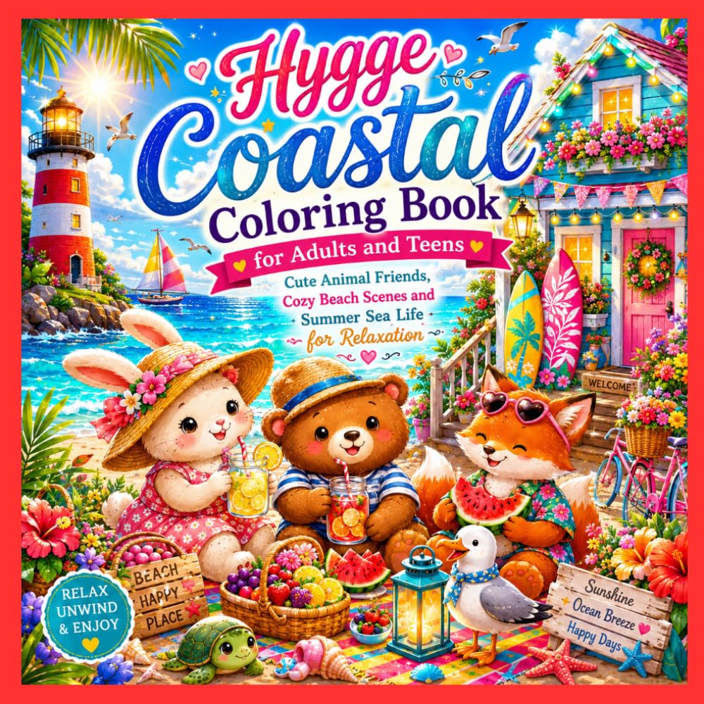 Hygge Coastal Coloring Book for Adults and Teens: Cute Animal Friends, Cozy Beach Scenes, Summer Sea Life and Relaxing Ocean Escapes